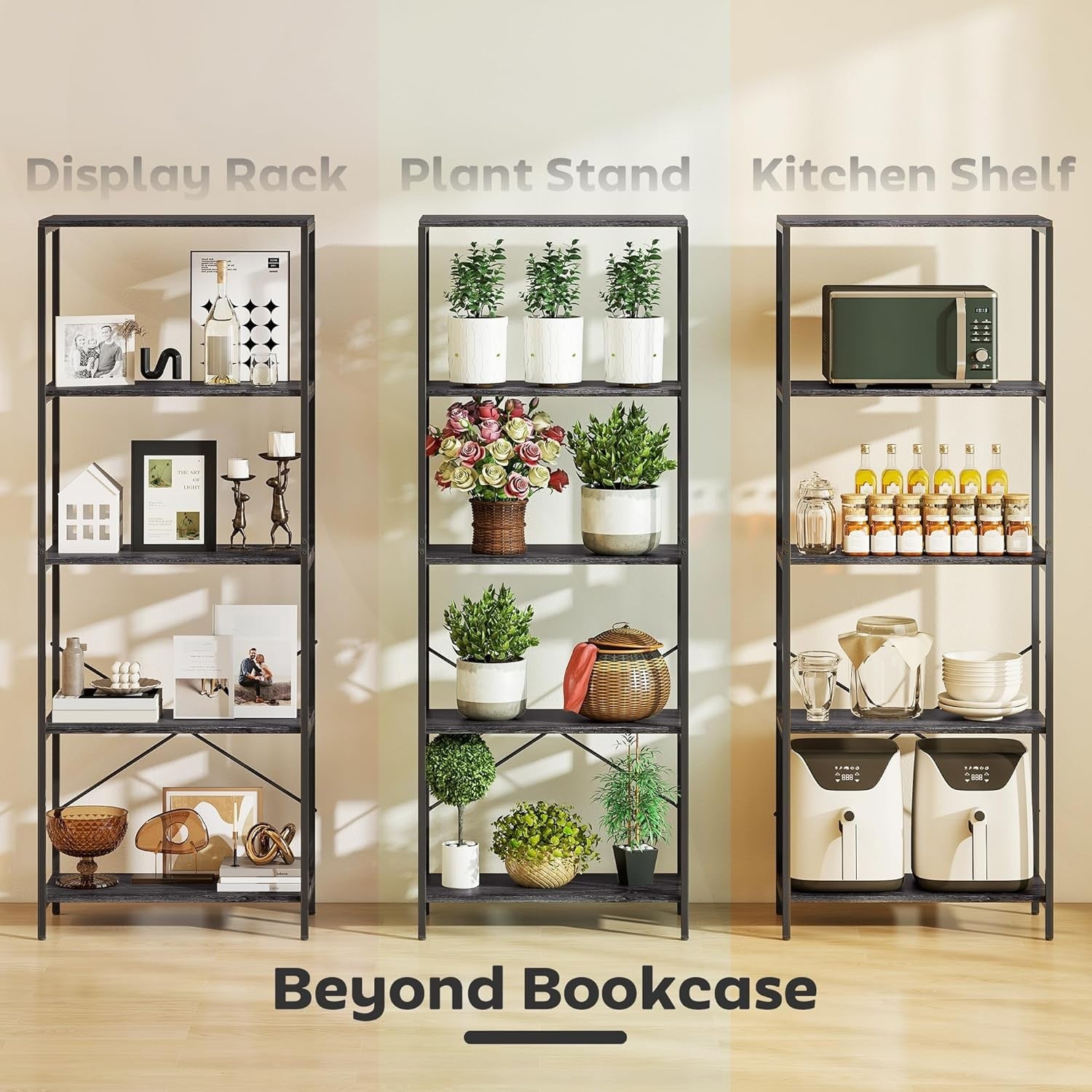 Industrial 5 - Tier Bookcase Dark Grey & Black Metal Frame Tall Display Shelf Unit - Kwikley