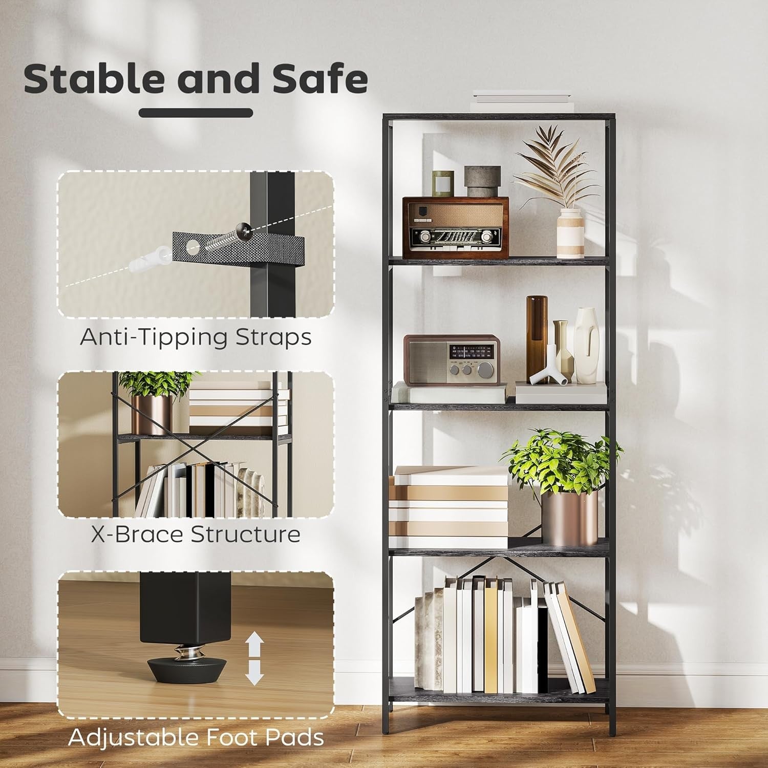 Industrial 5 - Tier Bookcase Dark Grey & Black Metal Frame Tall Display Shelf Unit - Kwikley