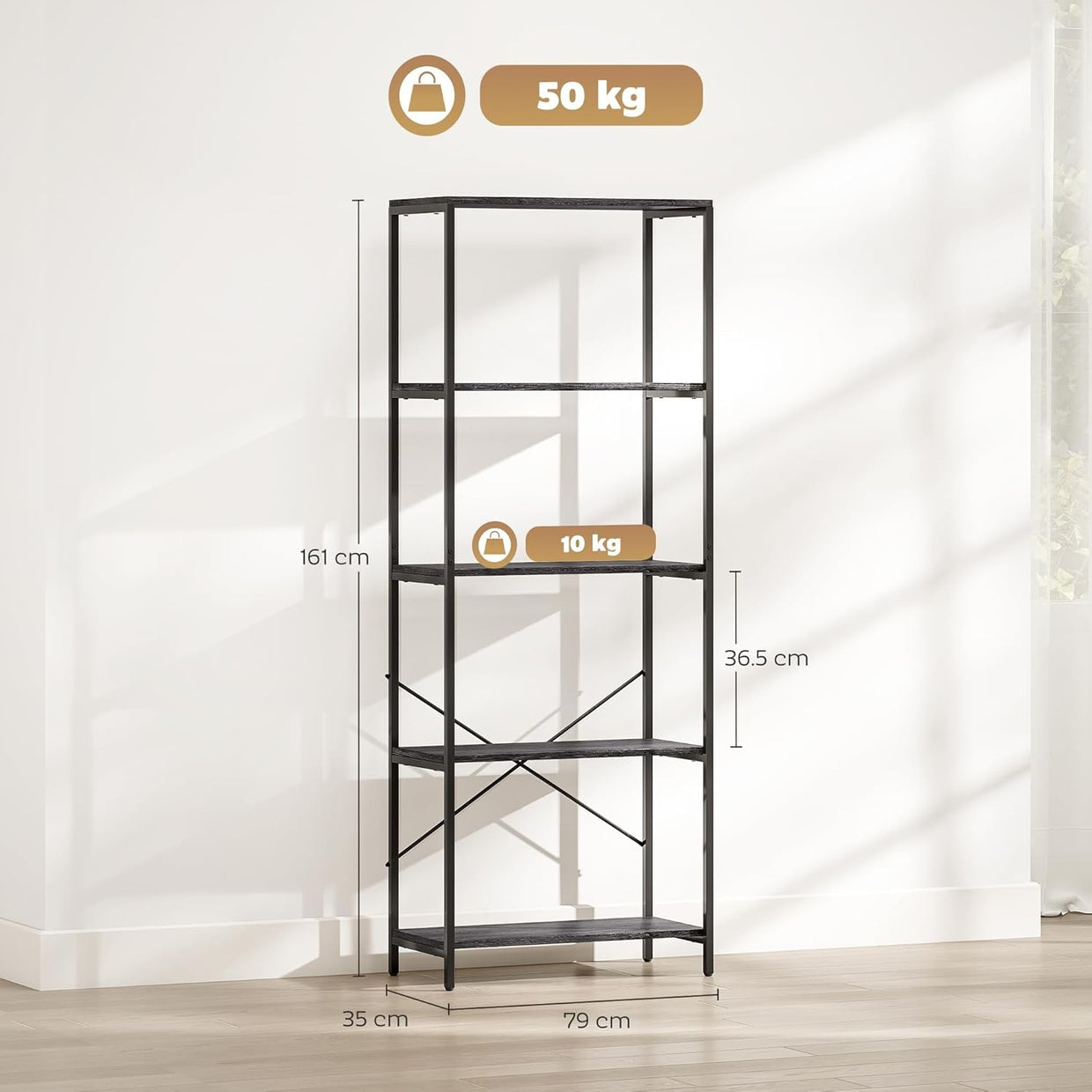 Industrial 5 - Tier Bookcase Dark Grey & Black Metal Frame Tall Display Shelf Unit - Kwikley