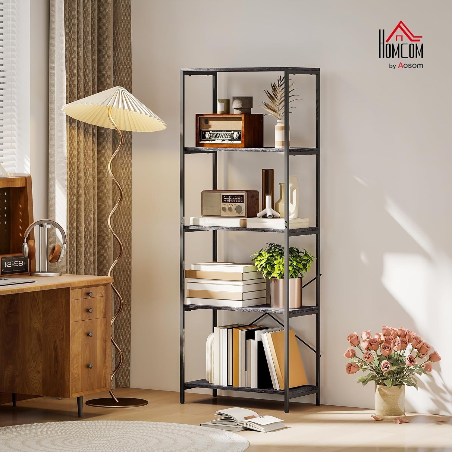 Industrial 5 - Tier Bookcase Dark Grey & Black Metal Frame Tall Display Shelf Unit - Kwikley