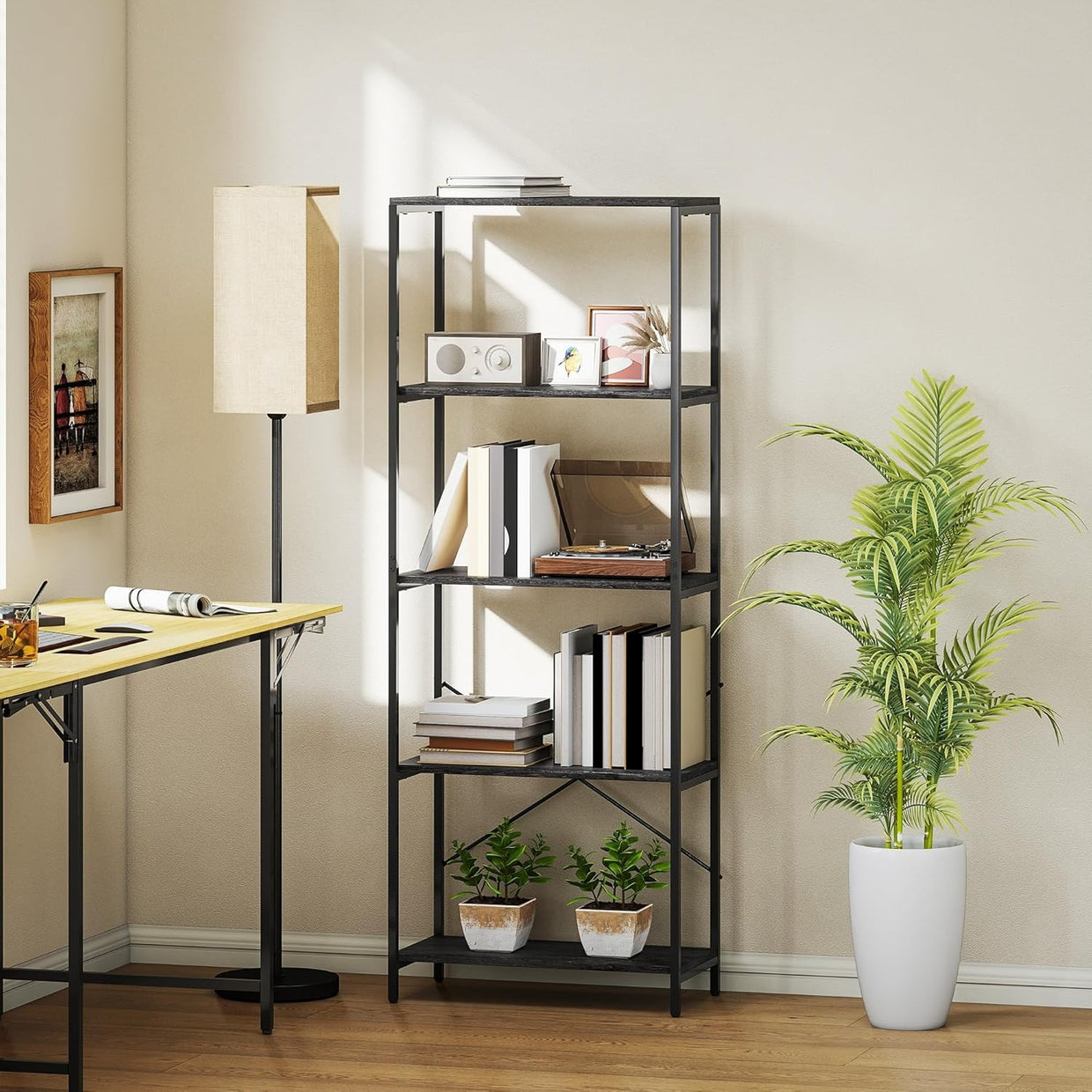 Industrial 5 - Tier Bookcase Dark Grey & Black Metal Frame Tall Display Shelf Unit - Kwikley