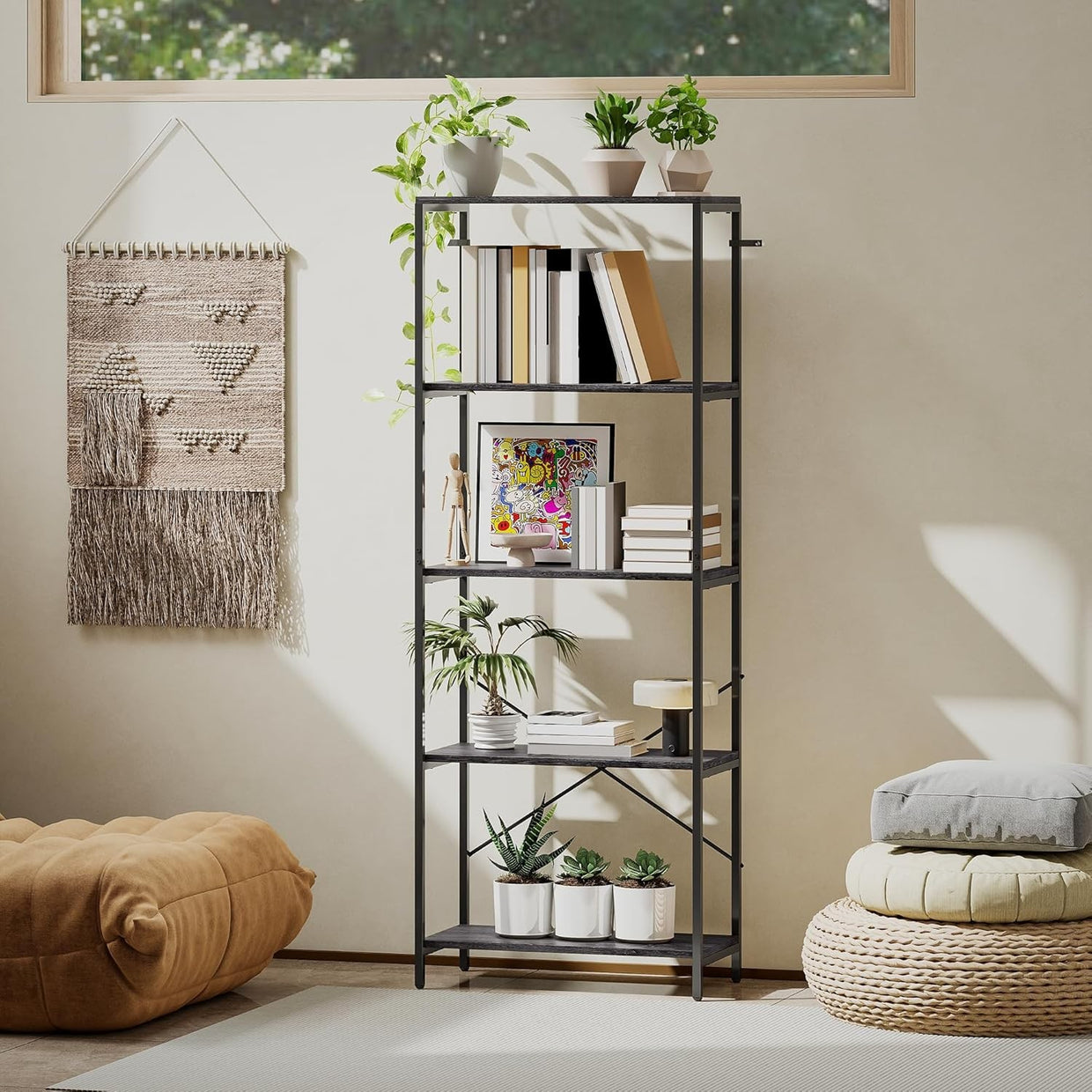 Industrial 5 - Tier Bookcase Dark Grey & Black Metal Frame Tall Display Shelf Unit - Kwikley
