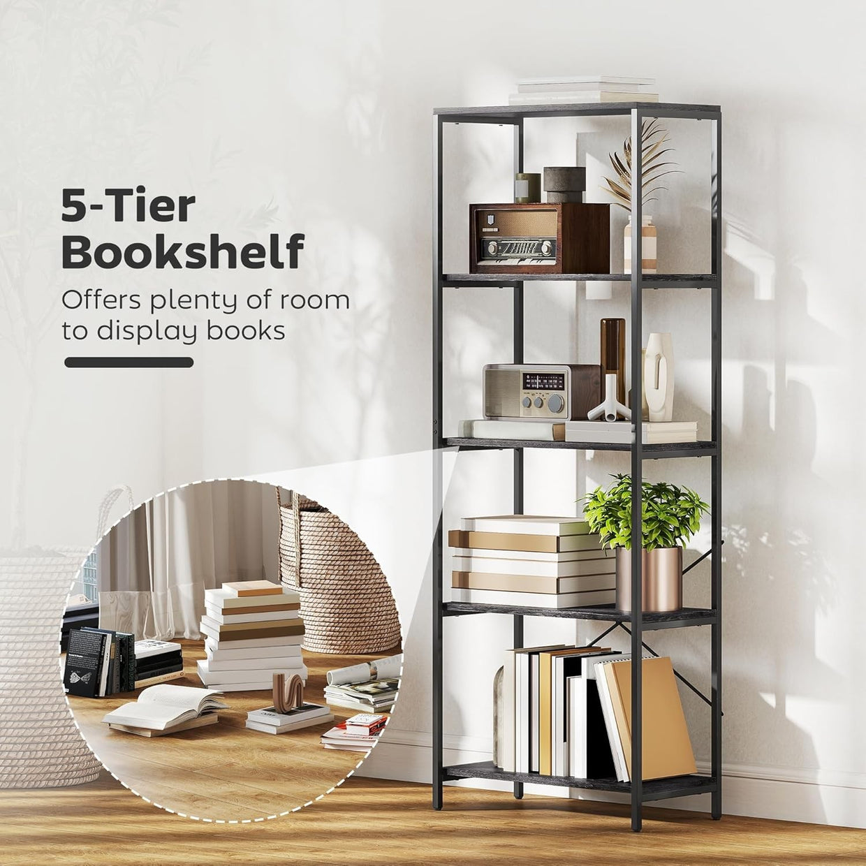 Industrial 5 - Tier Bookcase Dark Grey & Black Metal Frame Tall Display Shelf Unit - Kwikley