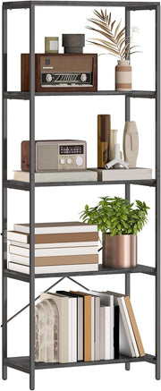 Industrial 5 - Tier Bookcase Dark Grey & Black Metal Frame Tall Display Shelf Unit - Kwikley