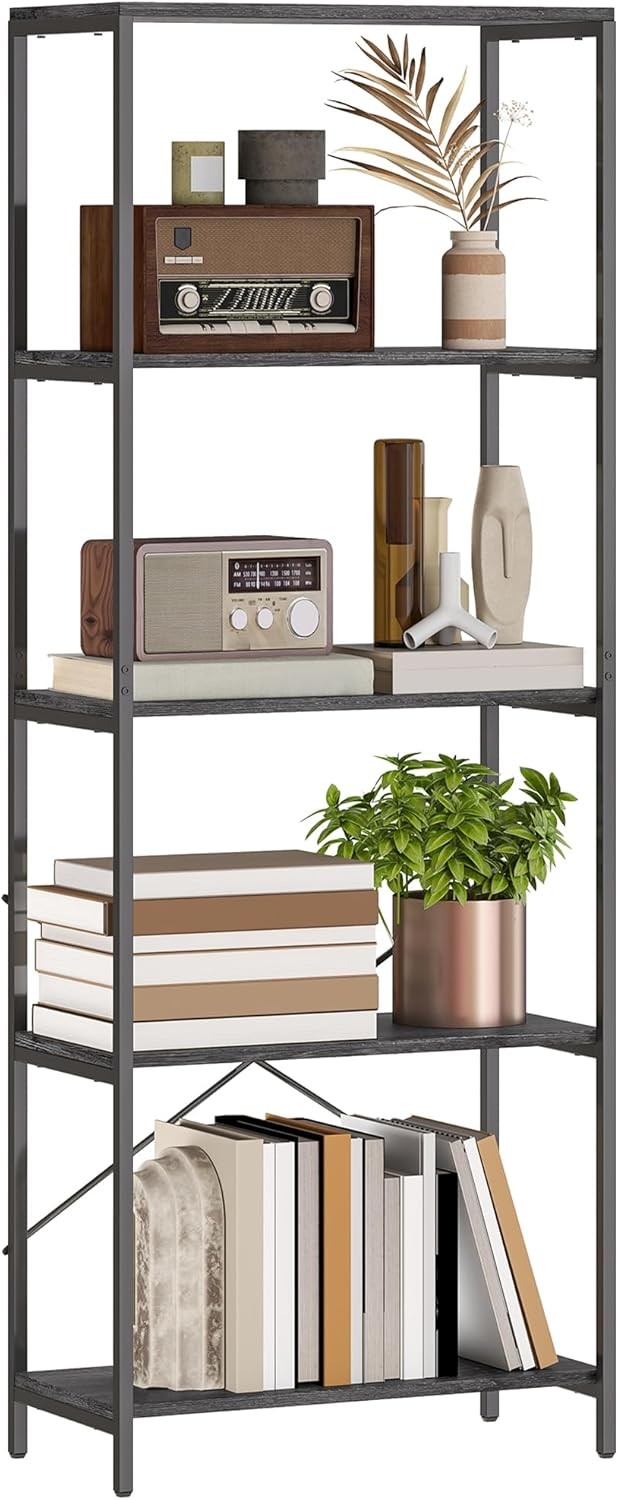 Industrial 5 - Tier Bookcase Dark Grey & Black Metal Frame Tall Display Shelf Unit - Kwikley