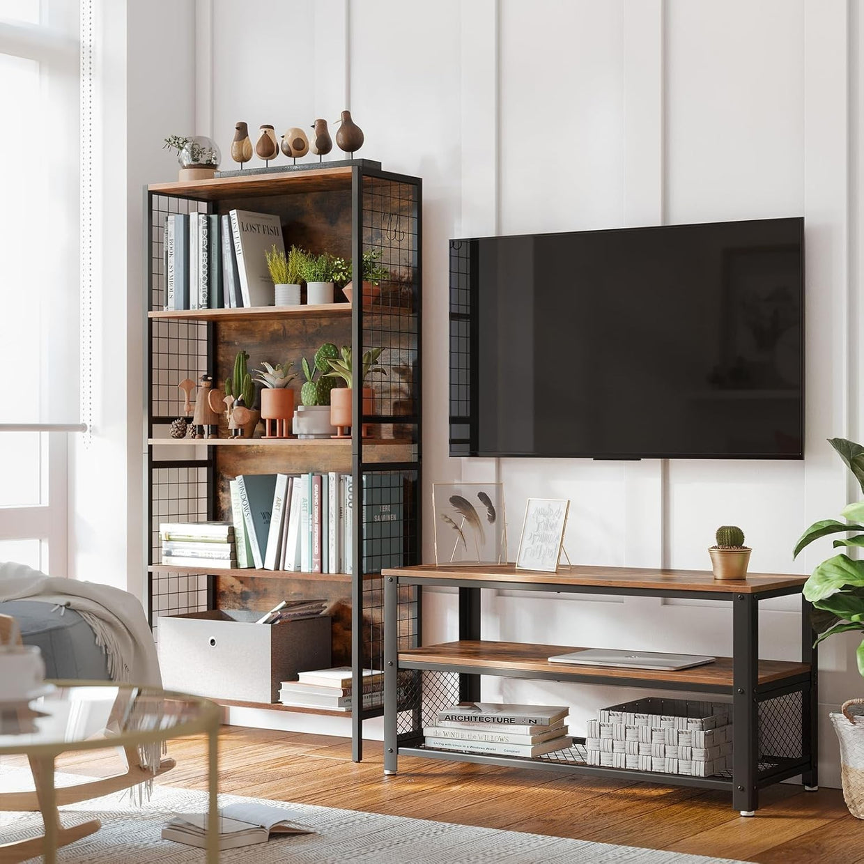 Industrial 5 - Tier Bookcase Shelf Unit with Hooks – Rustic Storage Rack 154cm - Kwikley