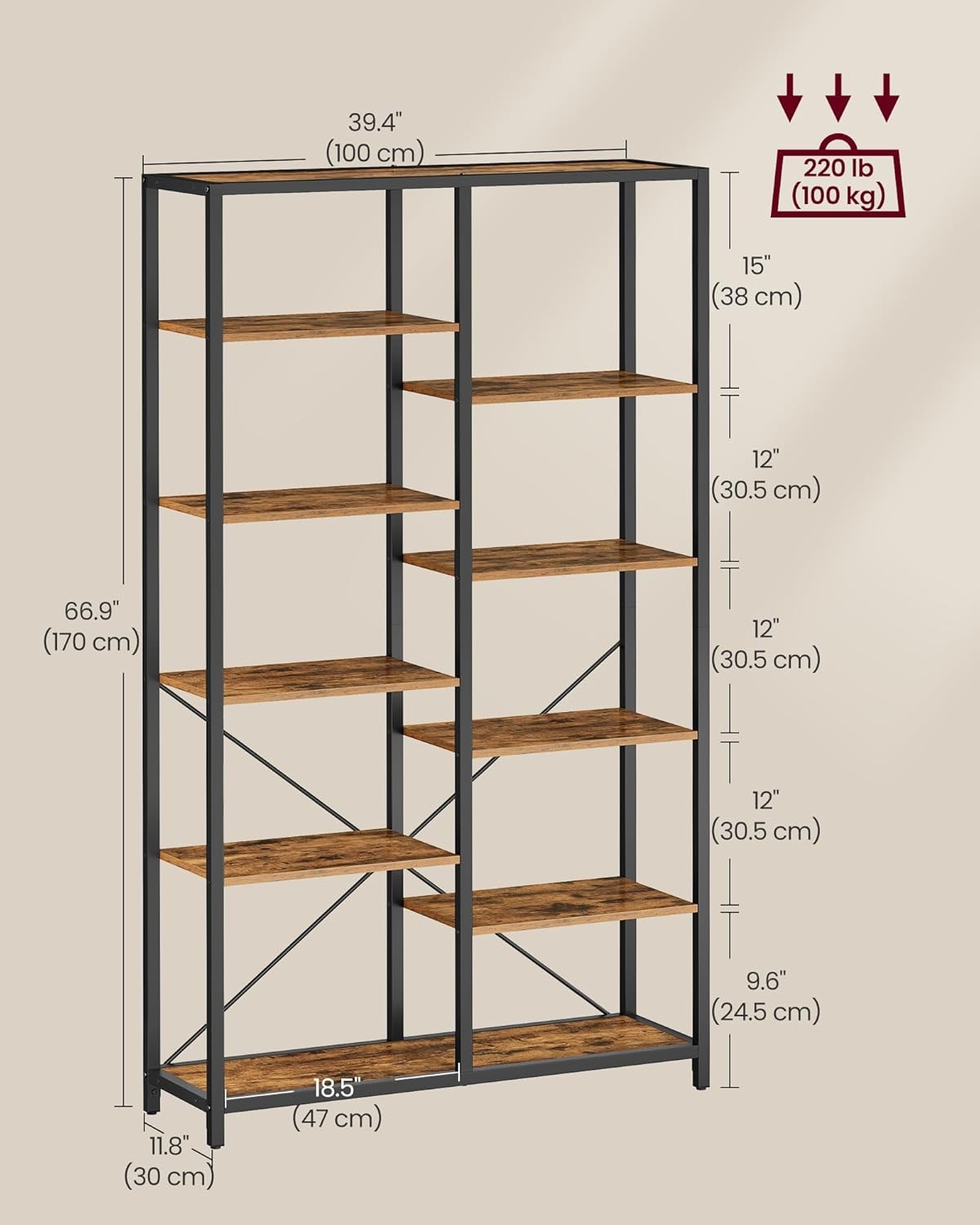 Industrial 5 - Tier Tall Bookcase | Rustic Storage Shelf Unit 170cm Metal & Wood - Kwikley