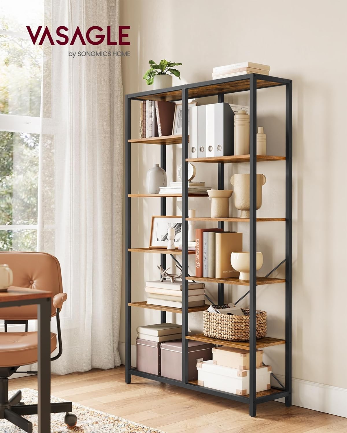 Industrial 5 - Tier Tall Bookcase | Rustic Storage Shelf Unit 170cm Metal & Wood - Kwikley