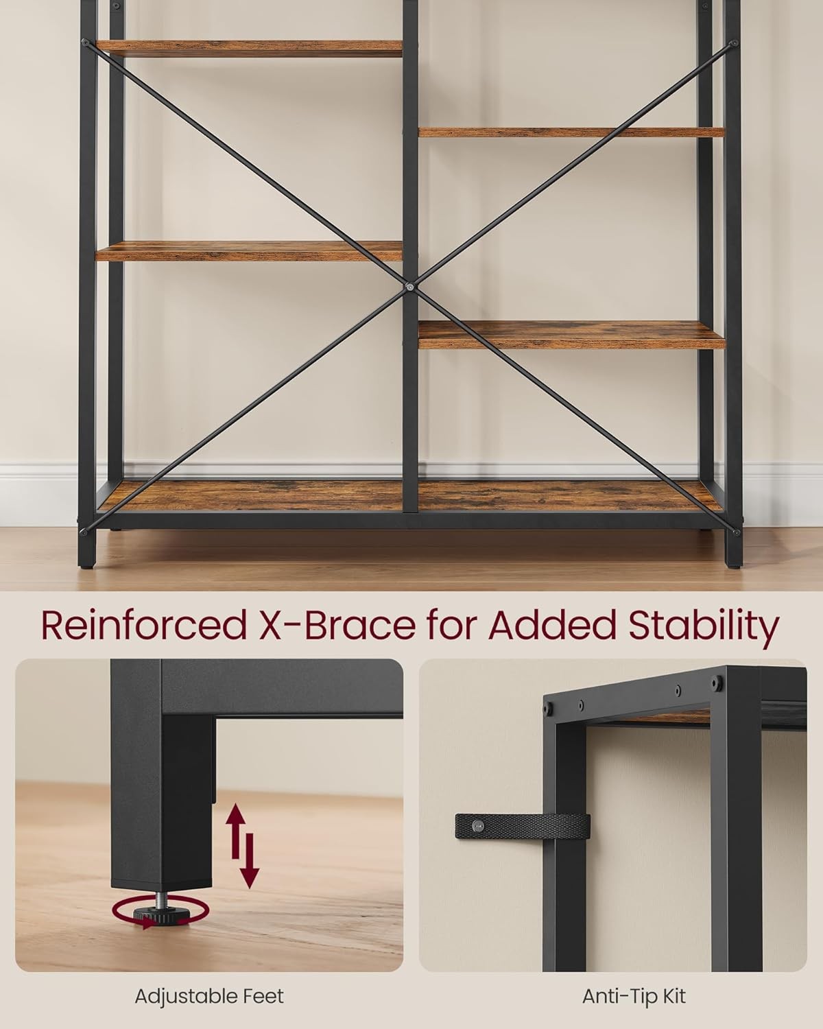 Industrial 5 - Tier Tall Bookcase | Rustic Storage Shelf Unit 170cm Metal & Wood - Kwikley