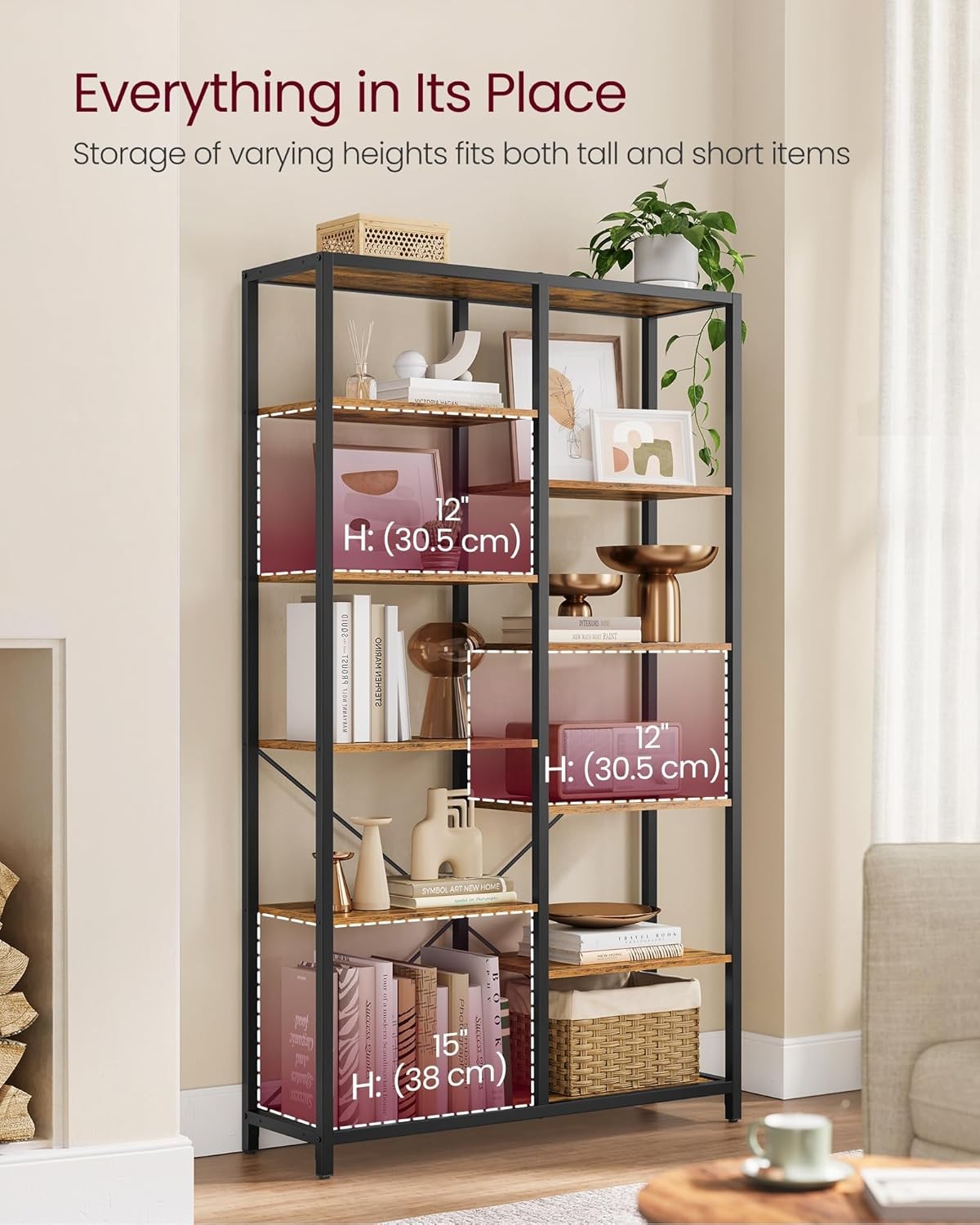 Industrial 5 - Tier Tall Bookcase | Rustic Storage Shelf Unit 170cm Metal & Wood - Kwikley