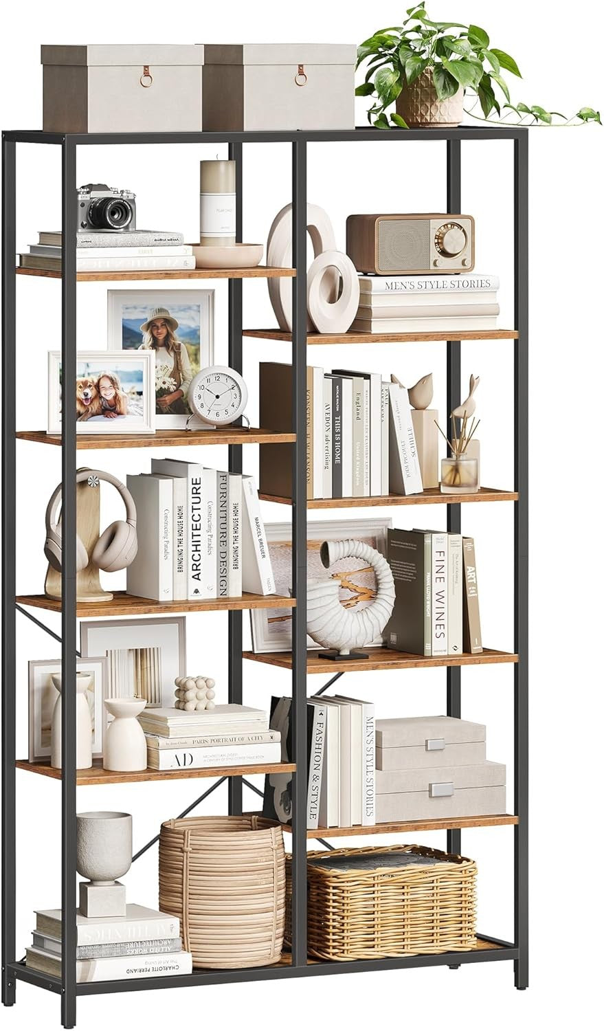 Industrial 5 - Tier Tall Bookcase | Rustic Storage Shelf Unit 170cm Metal & Wood - Kwikley