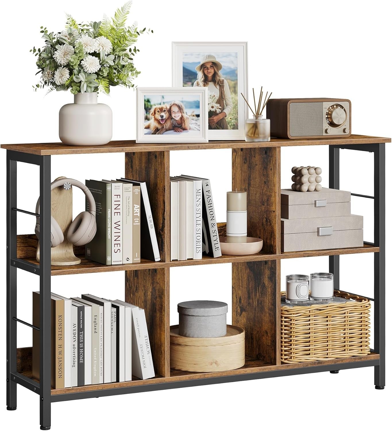 Industrial 6 - Compartment Bookcase | Rustic Brown Storage Shelf for Home & Office - Kwikley