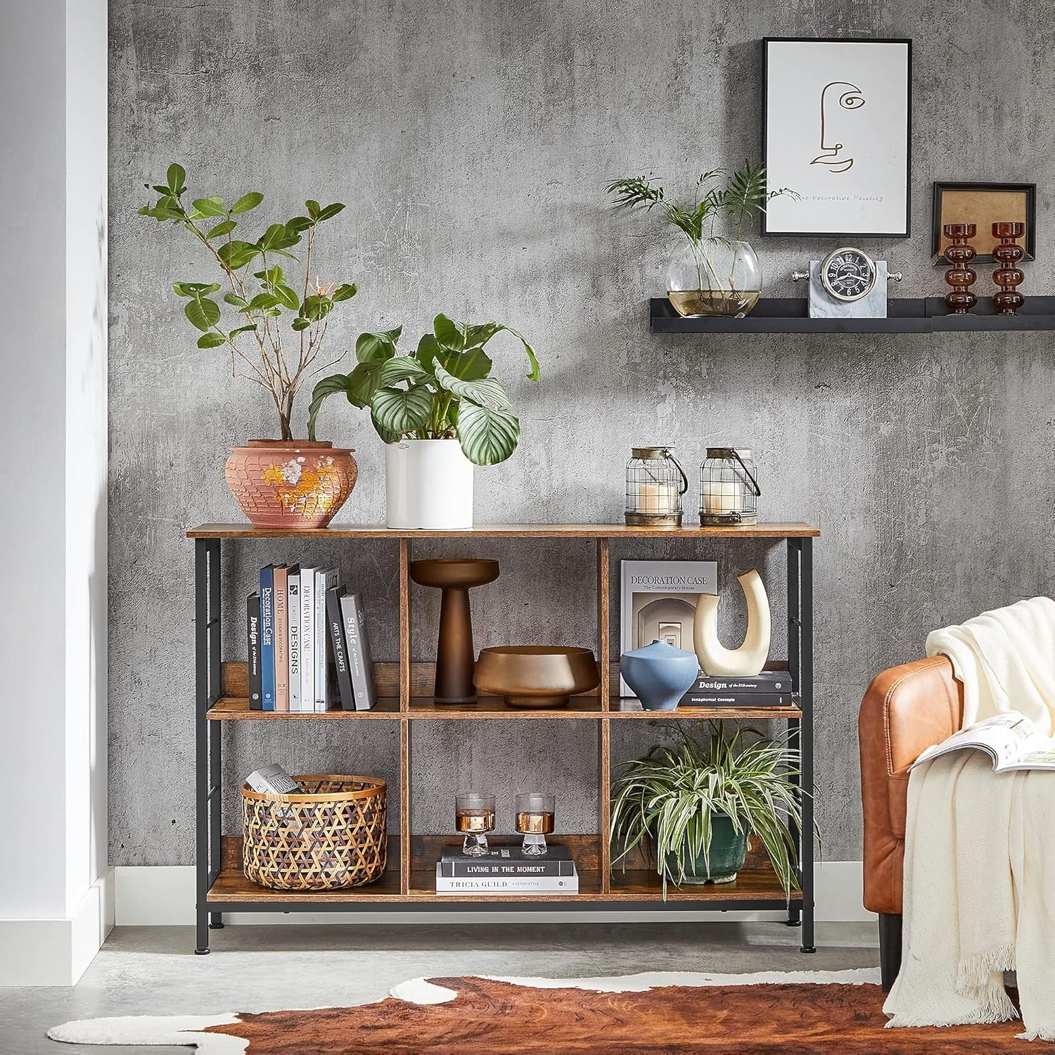 Industrial 6 - Compartment Bookcase | Rustic Brown Storage Shelf for Home & Office - Kwikley