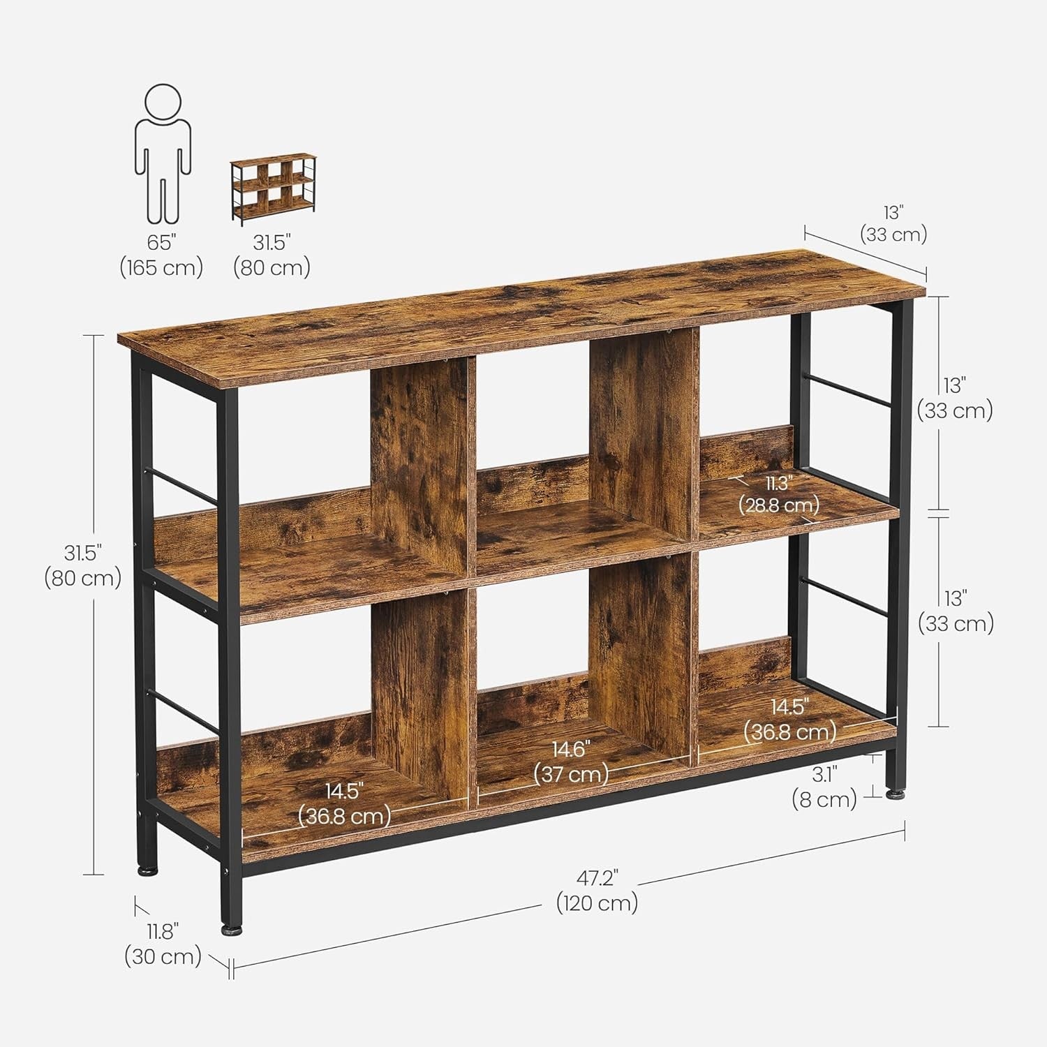 Industrial 6 - Compartment Bookcase | Rustic Brown Storage Shelf for Home & Office - Kwikley