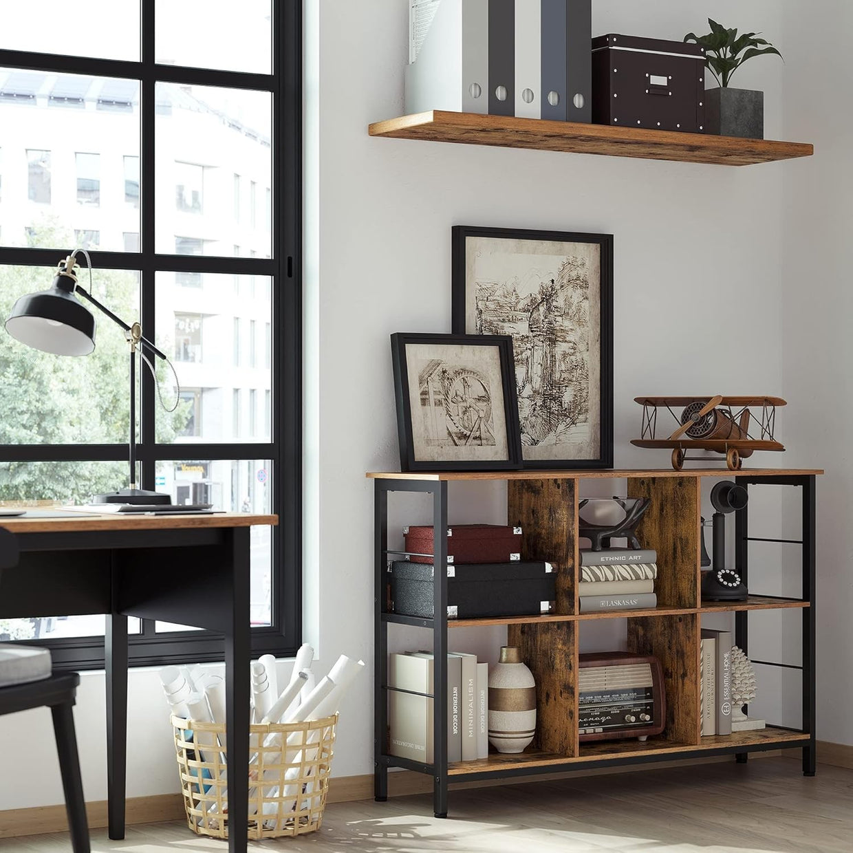 Industrial 6 - Compartment Bookcase | Rustic Brown Storage Shelf for Home & Office - Kwikley