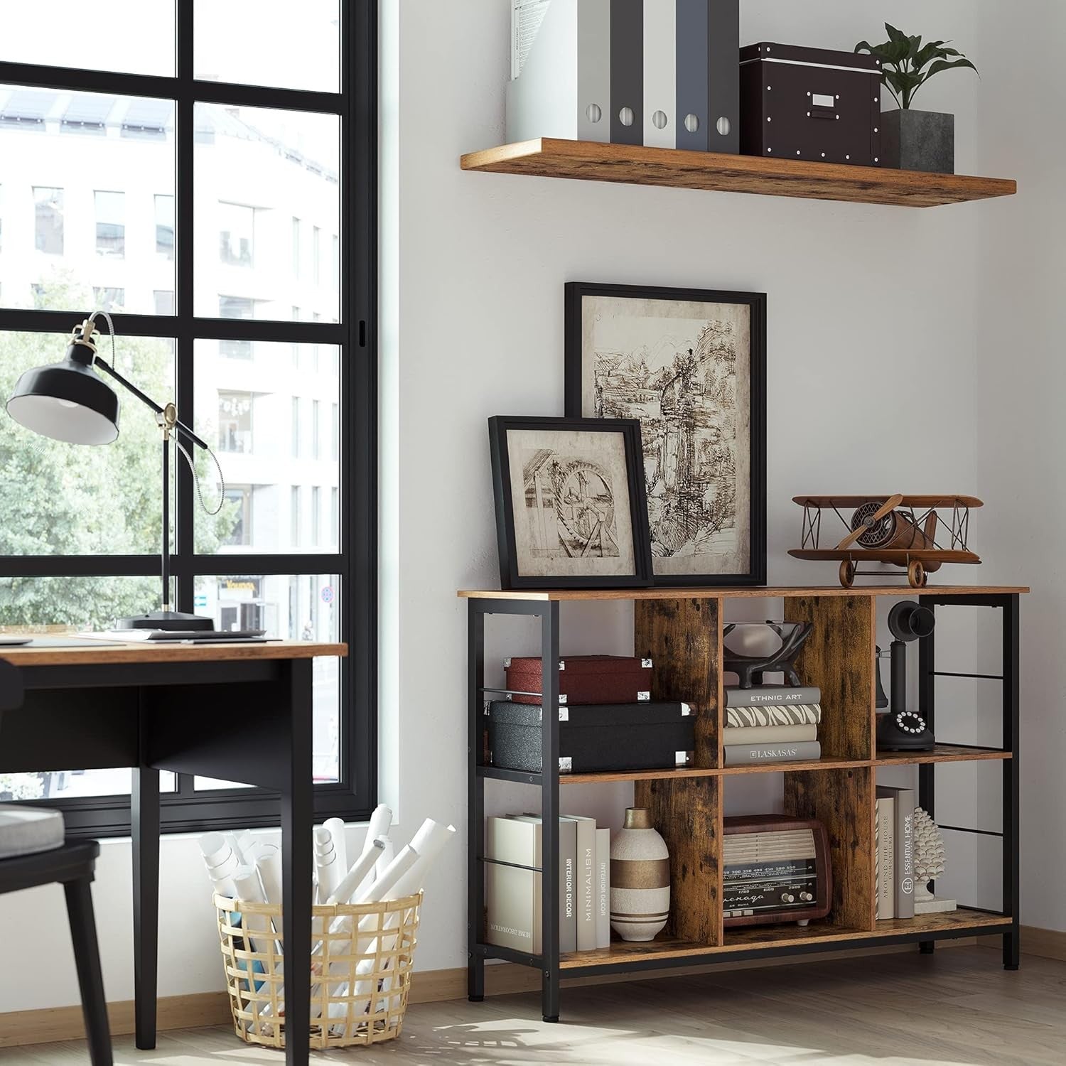 Industrial 6 - Compartment Bookcase | Rustic Brown Storage Shelf for Home & Office - Kwikley