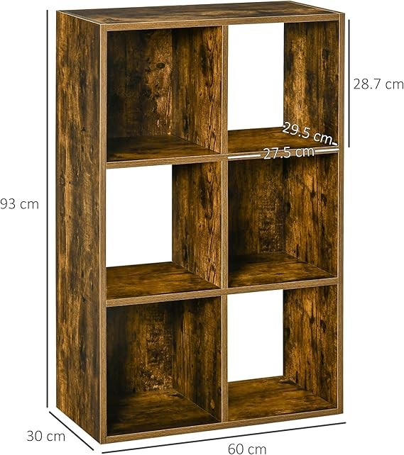 Industrial 6 - Compartment Bookshelf Storage Unit Freestanding Rustic Brown Shelf - Kwikley