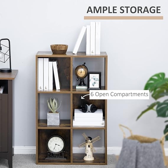 Industrial 6 - Compartment Bookshelf Storage Unit Freestanding Rustic Brown Shelf - Kwikley