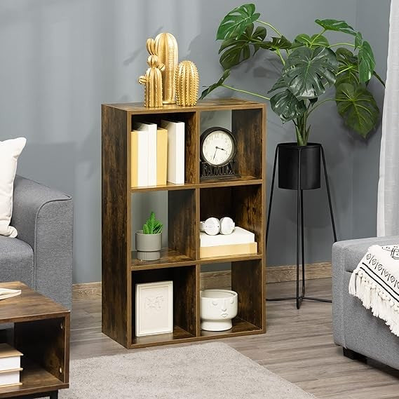 Industrial 6 - Compartment Bookshelf Storage Unit Freestanding Rustic Brown Shelf - Kwikley
