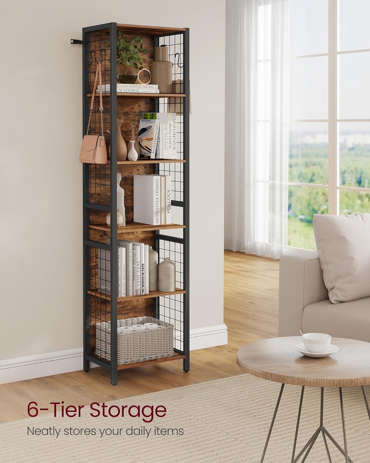 Industrial 6 - Tier Bookcase Shelf Unit with Hooks – Rustic Metal Frame, 175cm - Kwikley