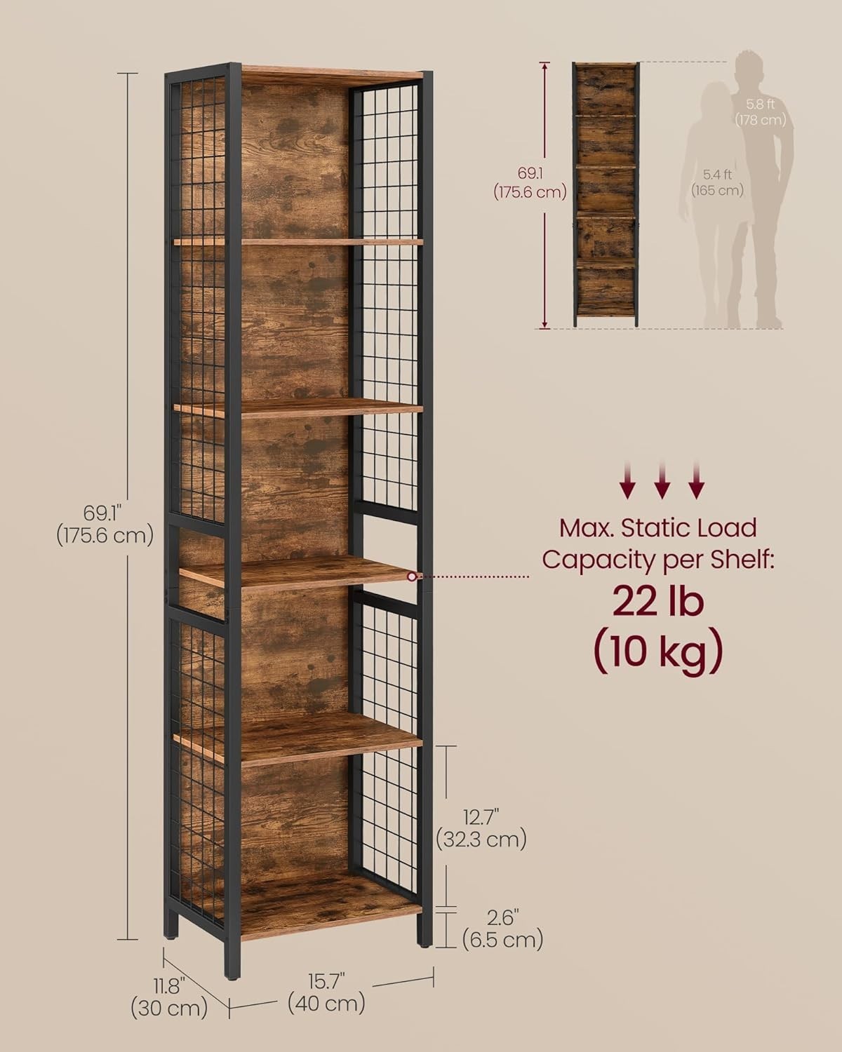 Industrial 6 - Tier Bookcase Shelf Unit with Hooks – Rustic Metal Frame, 175cm - Kwikley