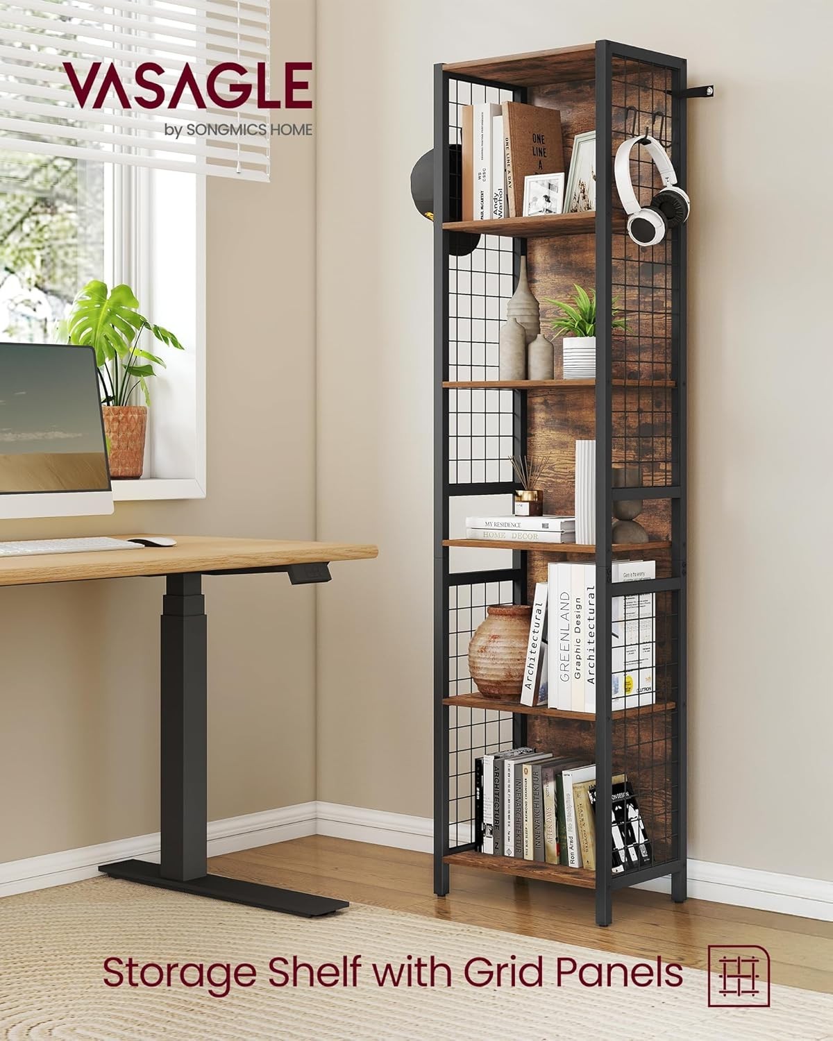Industrial 6 - Tier Bookcase Shelf Unit with Hooks – Rustic Metal Frame, 175cm - Kwikley