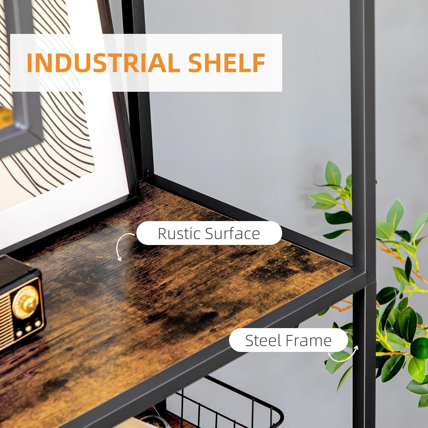 Industrial 6 - Tier Bookcase with Steel Frame & Rustic Wood Shelves – 180cm Tall - Kwikley
