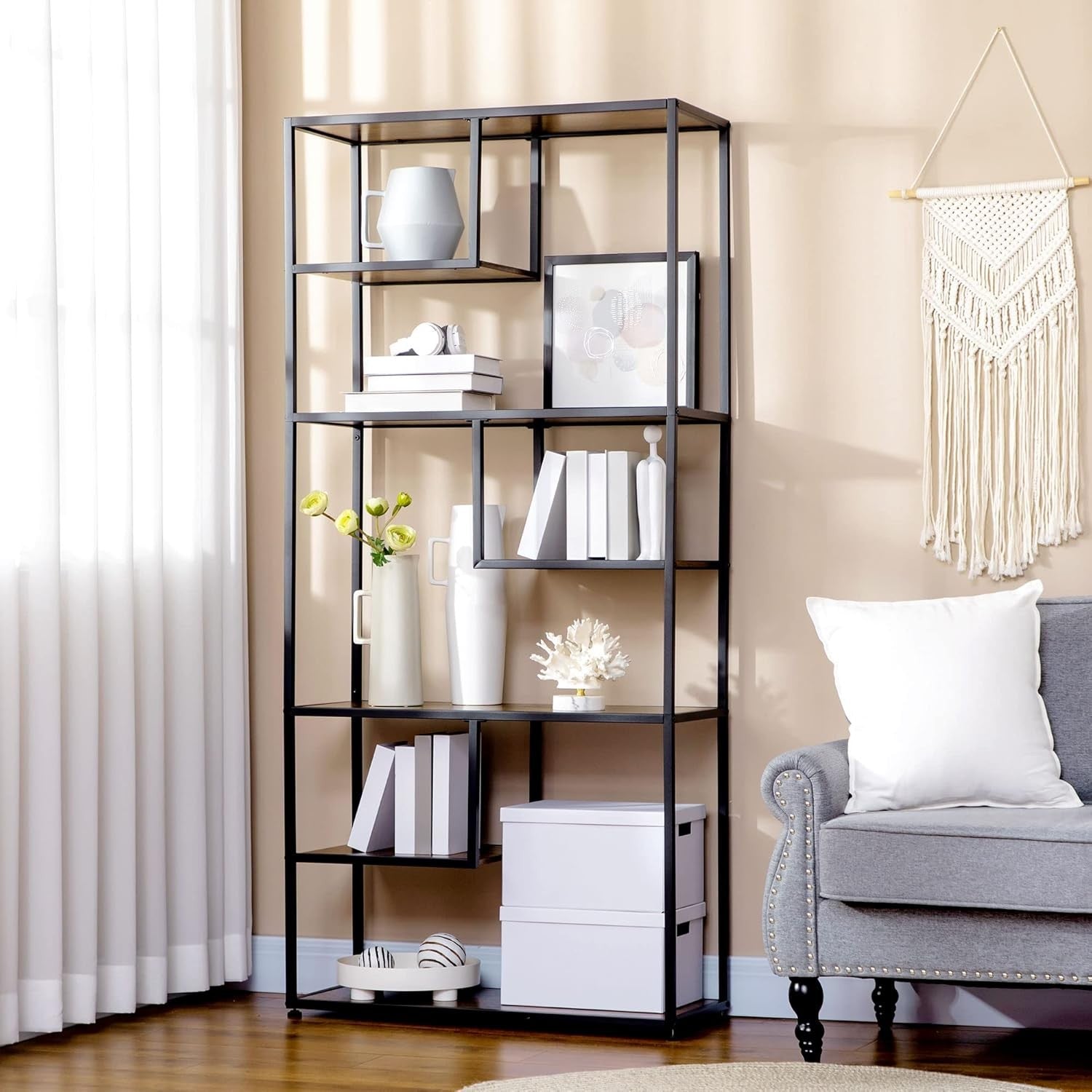 Industrial 6 - Tier Bookcase with Steel Frame & Rustic Wood Shelves – 180cm Tall - Kwikley