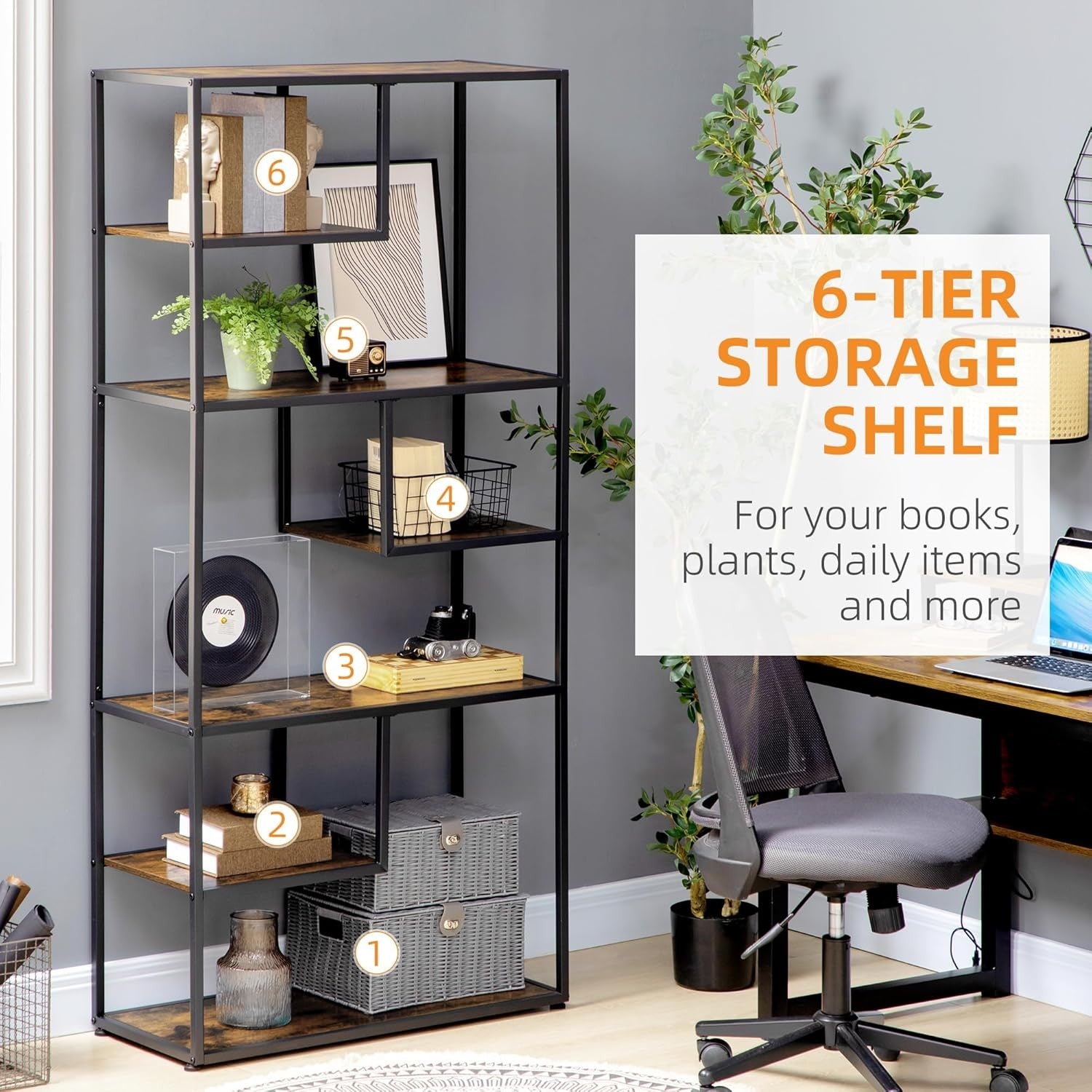 Industrial 6 - Tier Bookcase with Steel Frame & Rustic Wood Shelves – 180cm Tall - Kwikley