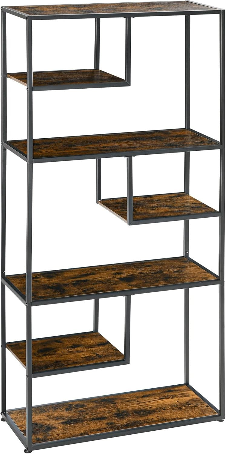 Industrial 6 - Tier Bookcase with Steel Frame & Rustic Wood Shelves – 180cm Tall - Kwikley