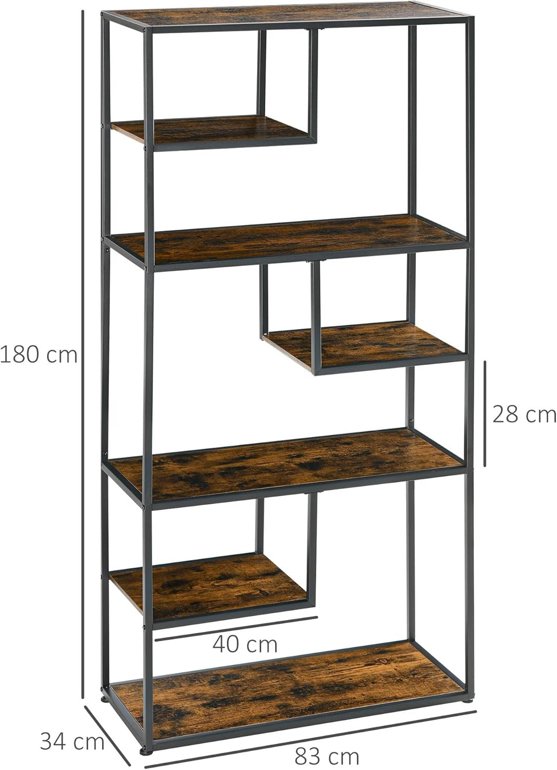 Industrial 6 - Tier Bookcase with Steel Frame & Rustic Wood Shelves – 180cm Tall - Kwikley
