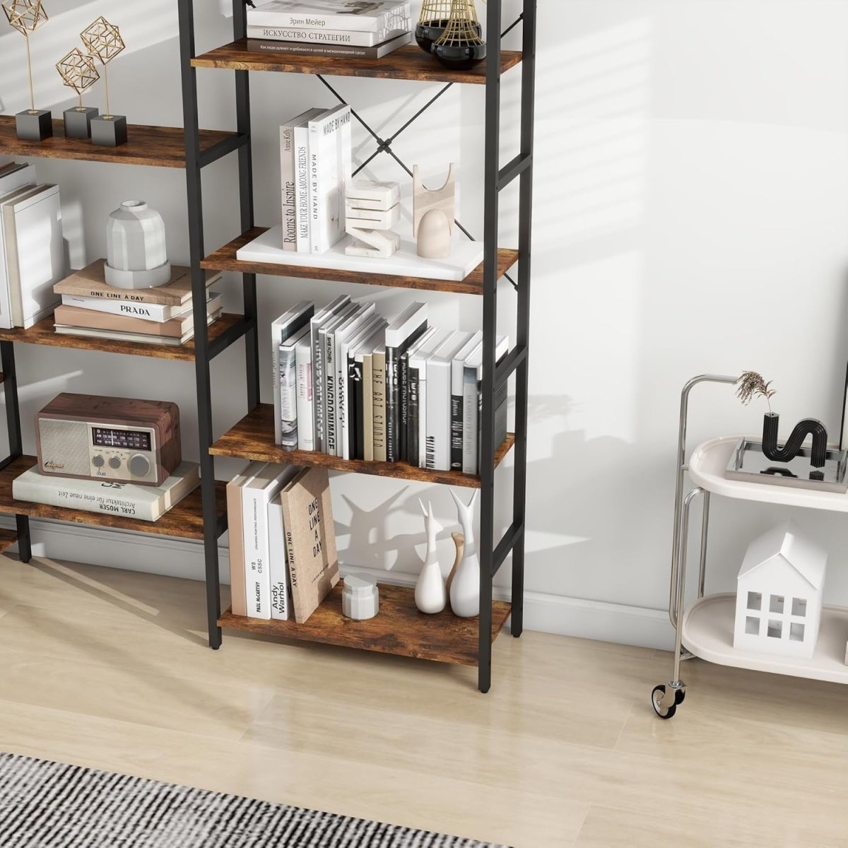 Industrial 6 Tier Tall Bookcase Metal Frame Wooden Shelving Display Storage Rack - Kwikley