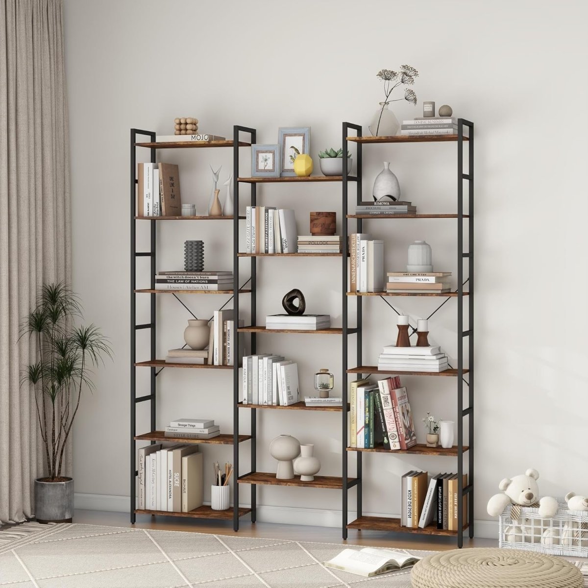 Industrial 6 Tier Tall Bookcase Metal Frame Wooden Shelving Display Storage Rack - Kwikley