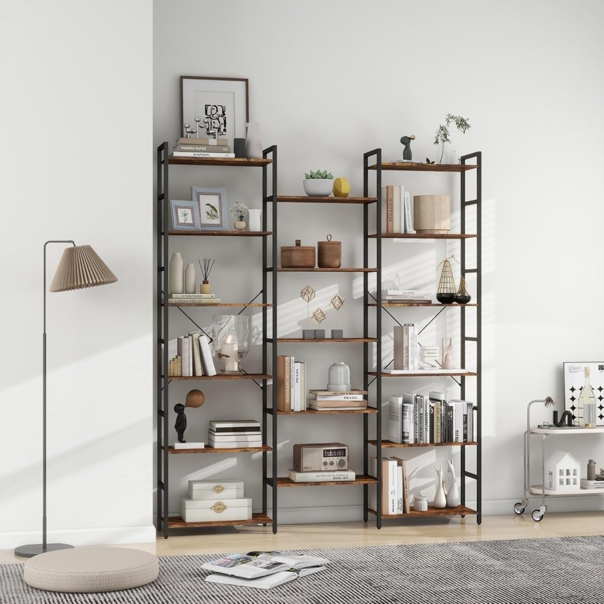 Industrial 6 Tier Tall Bookcase Metal Frame Wooden Shelving Display Storage Rack - Kwikley