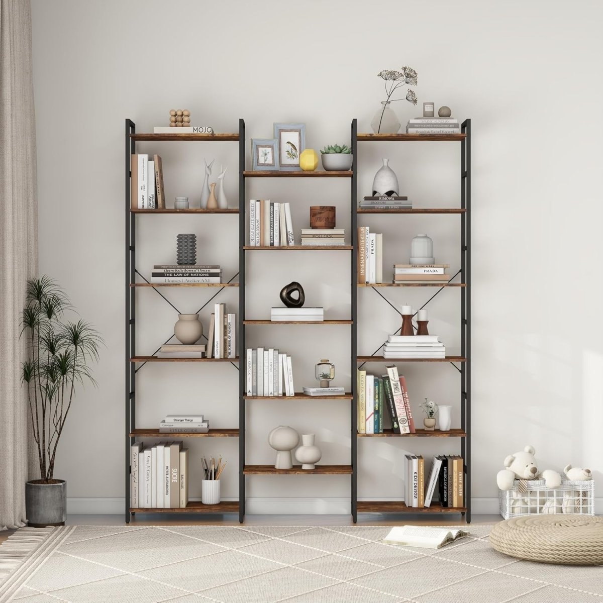Industrial 6 Tier Tall Bookcase Metal Frame Wooden Shelving Display Storage Rack - Kwikley