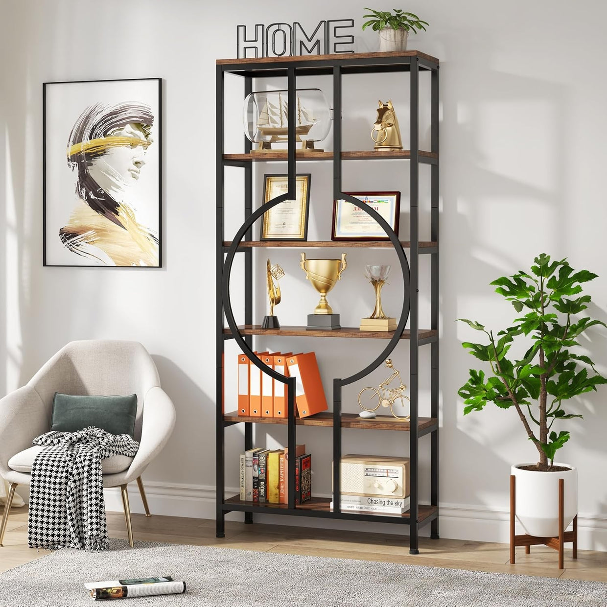 Industrial 6 - Tier Tall Bookshelf | 180cm Rustic Wood & Metal Display Shelving Un - Kwikley