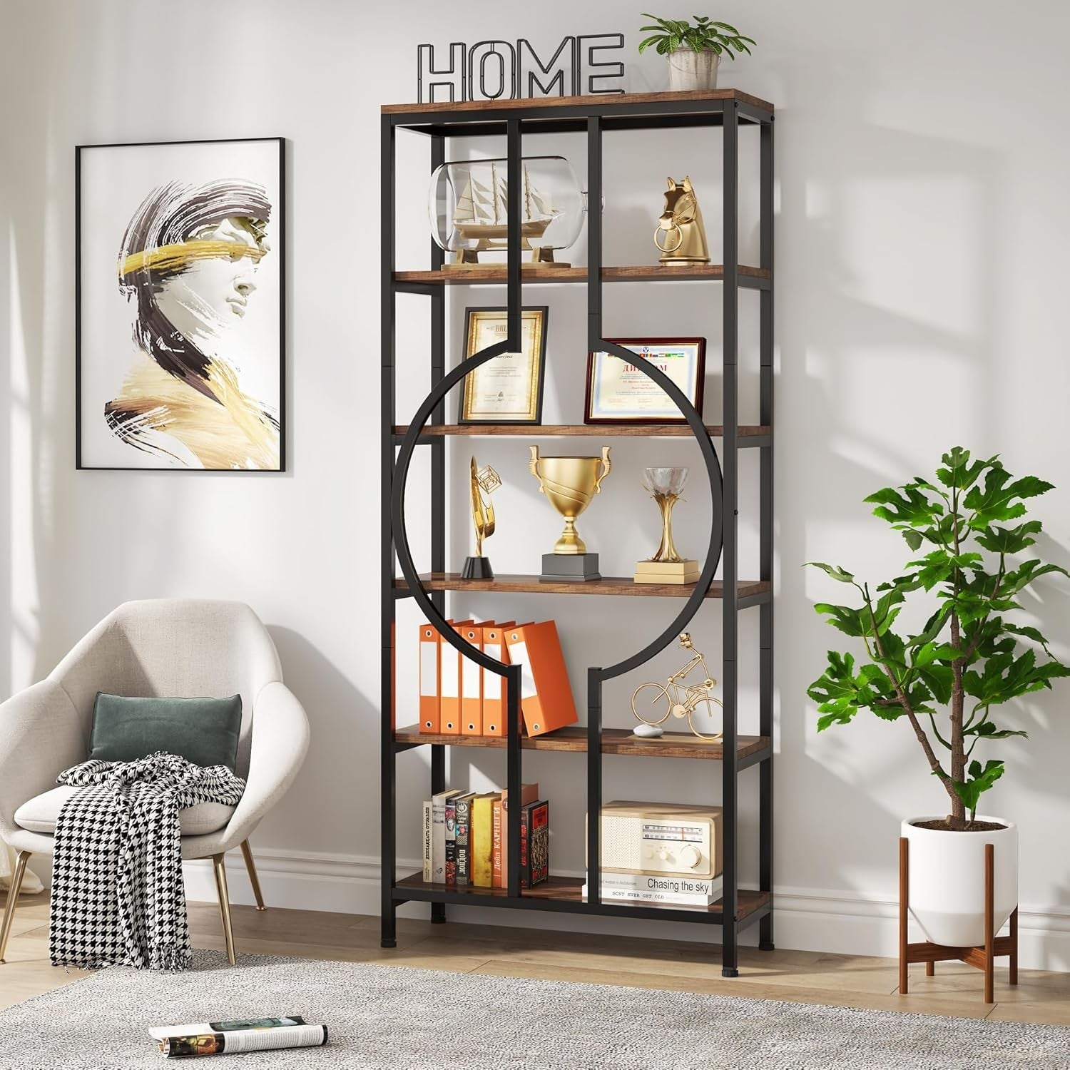 Industrial 6 - Tier Tall Bookshelf | 180cm Rustic Wood & Metal Display Shelving Un - Kwikley