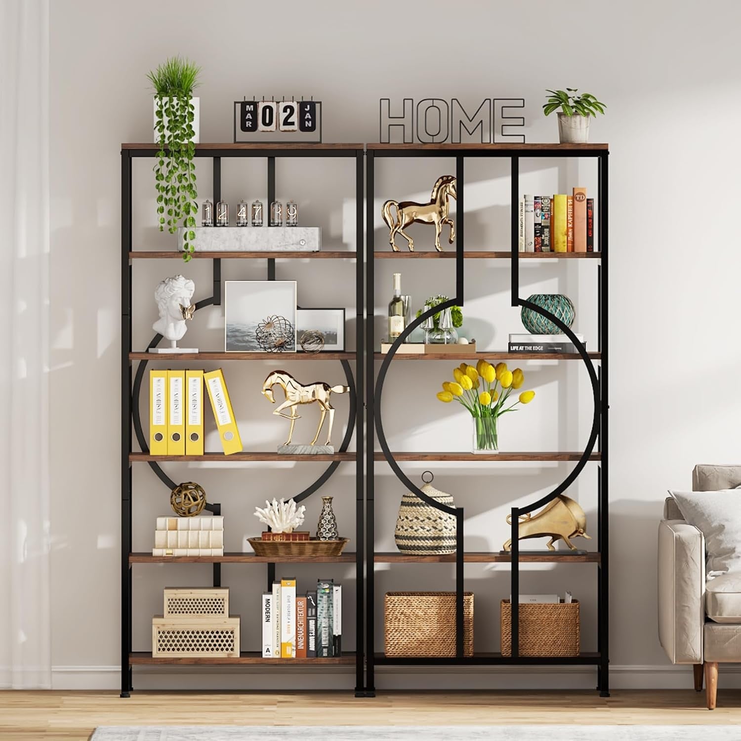 Industrial 6 - Tier Tall Bookshelf | 180cm Rustic Wood & Metal Display Shelving Un - Kwikley
