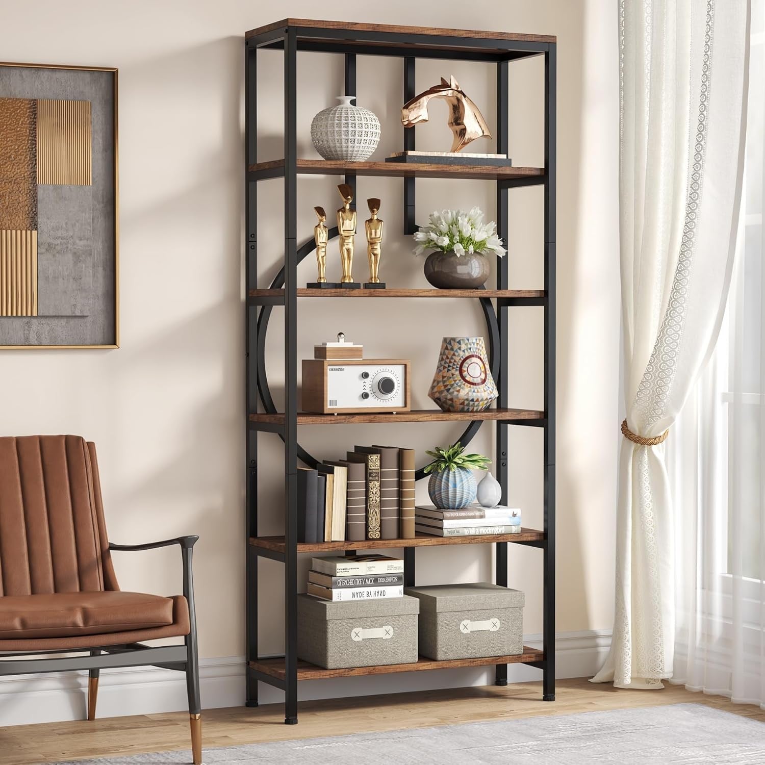 Industrial 6 - Tier Tall Bookshelf | 180cm Rustic Wood & Metal Display Shelving Un - Kwikley