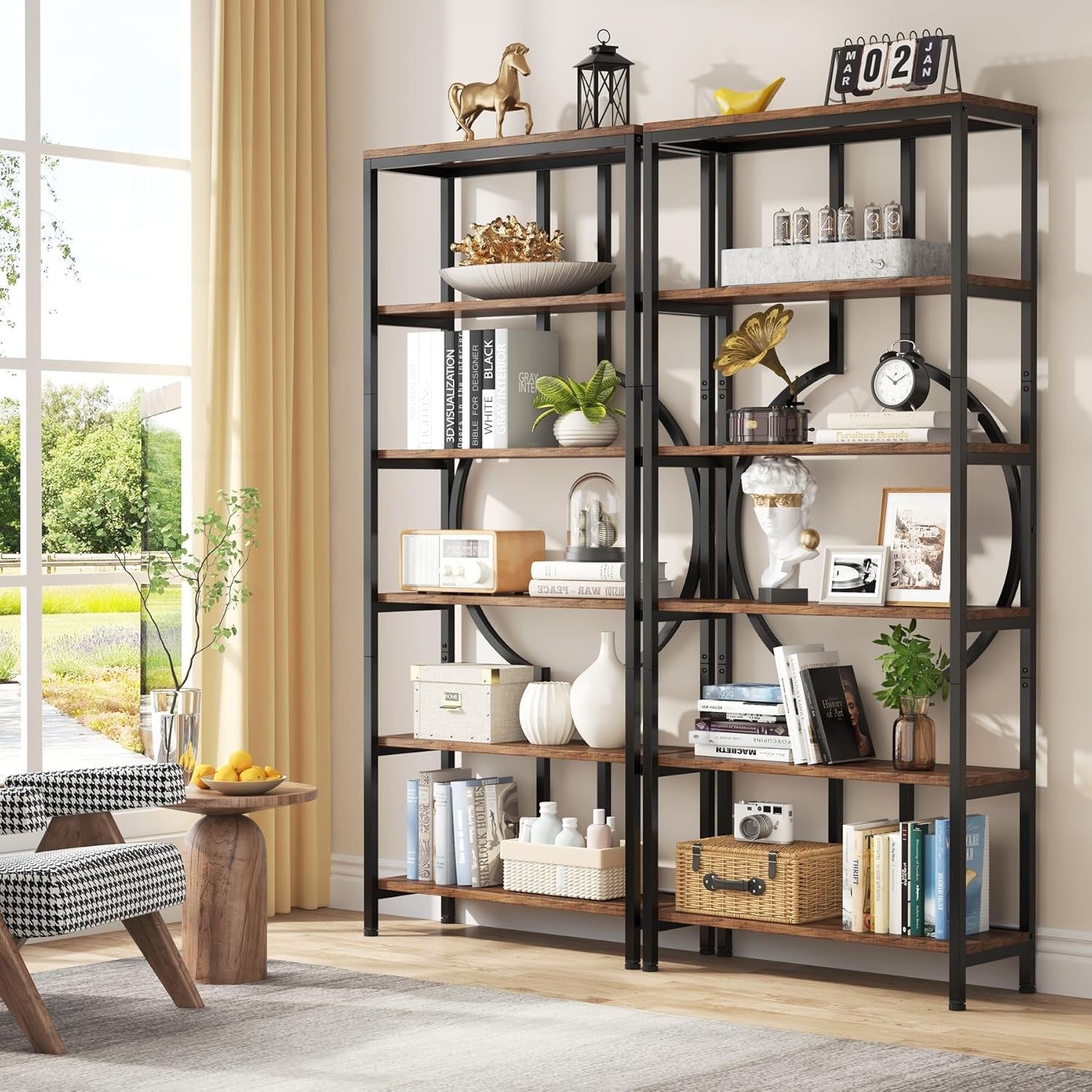 Industrial 6 - Tier Tall Bookshelf | 180cm Rustic Wood & Metal Display Shelving Un - Kwikley
