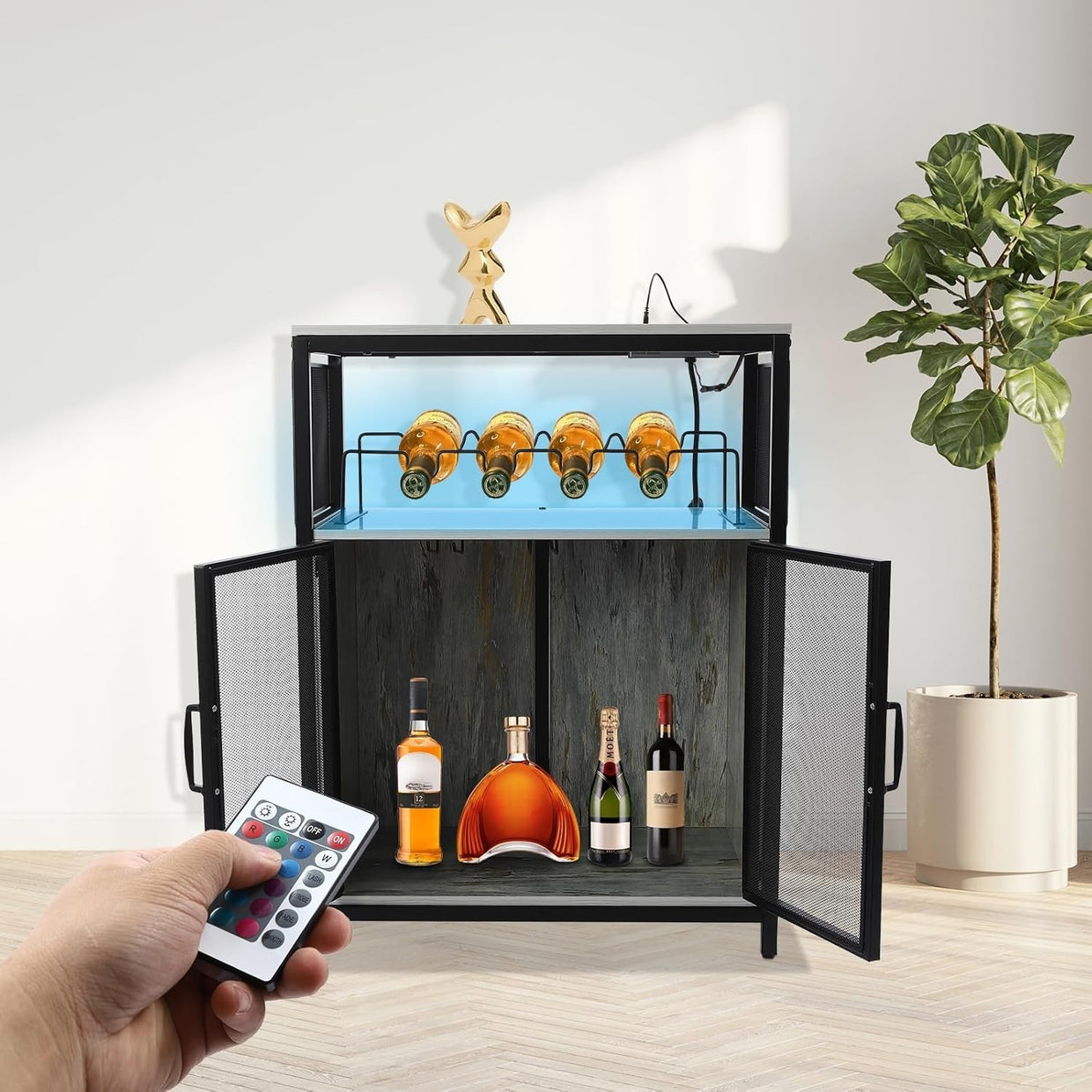 Industrial Bar Cabinet with RGB Lighting & Outlet | Wine Glass Rack - Kwikley