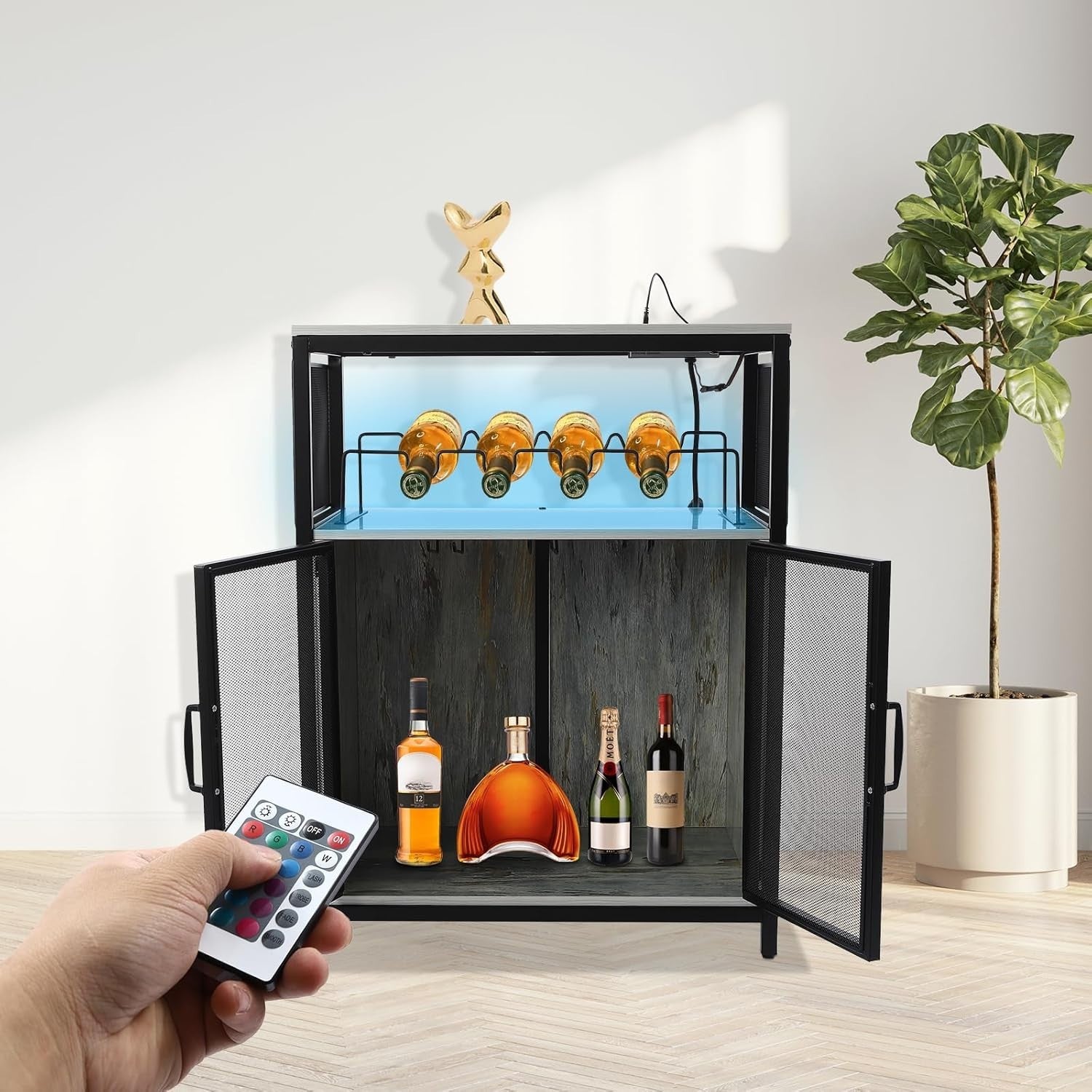 Industrial Bar Cabinet with RGB Lighting & Outlet | Wine Glass Rack - Kwikley