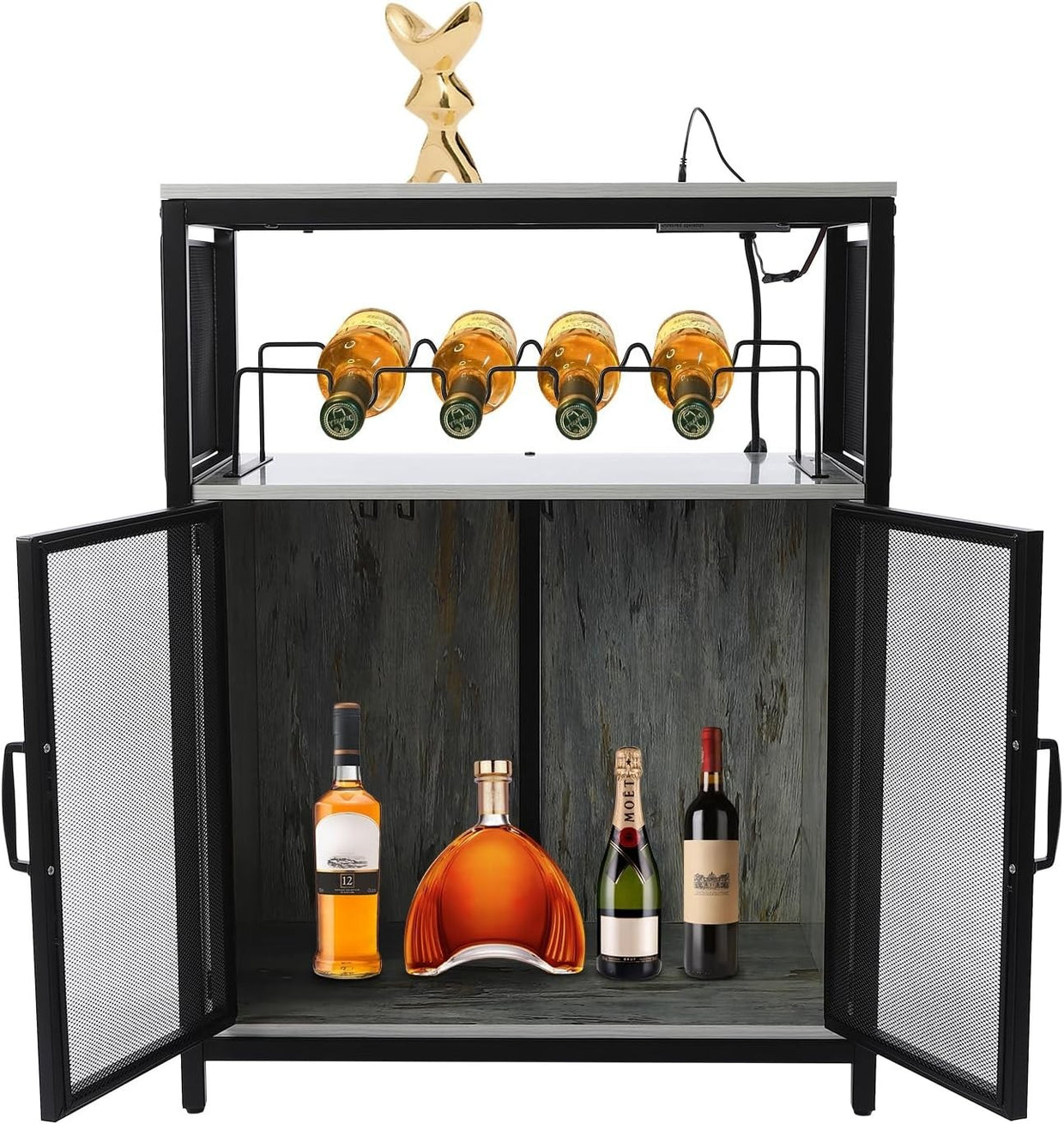 Industrial Bar Cabinet with RGB Lighting & Outlet | Wine Glass Rack - Kwikley