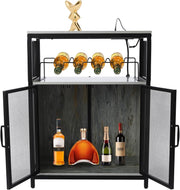 Industrial Bar Cabinet with RGB Lighting & Outlet | Wine Glass Rack - Kwikley