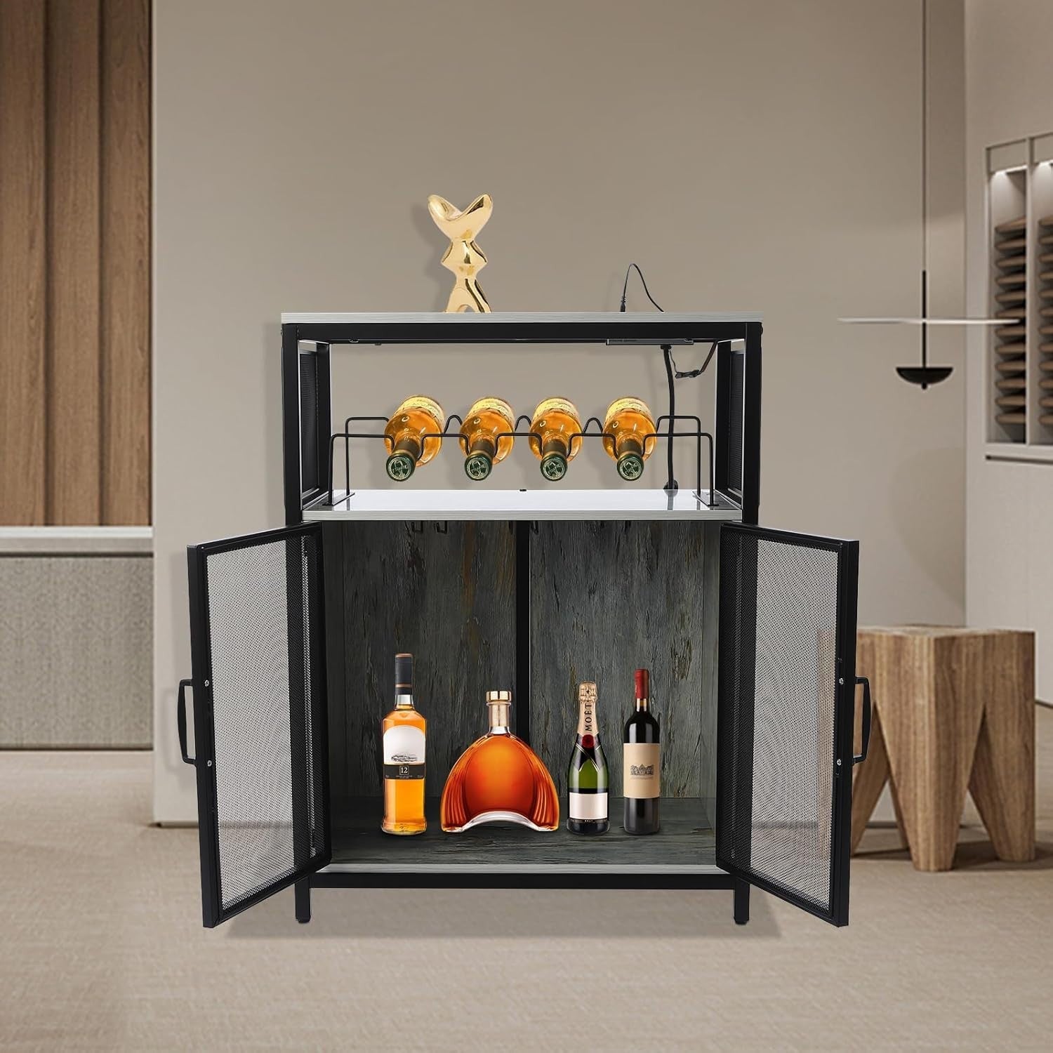 Industrial Bar Cabinet with RGB Lighting & Outlet | Wine Glass Rack - Kwikley