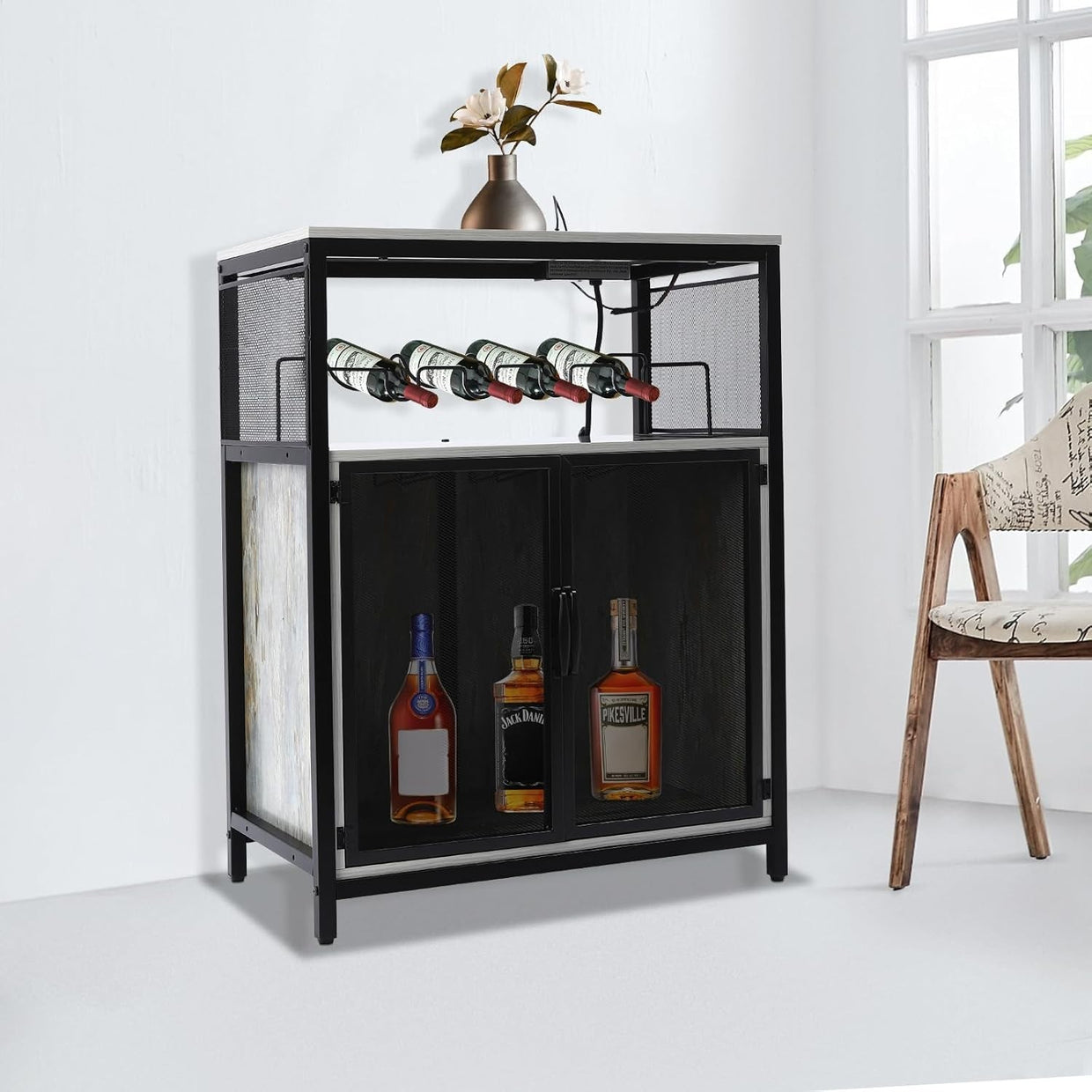 Industrial Bar Cabinet with RGB Lighting & Outlet | Wine Glass Rack - Kwikley