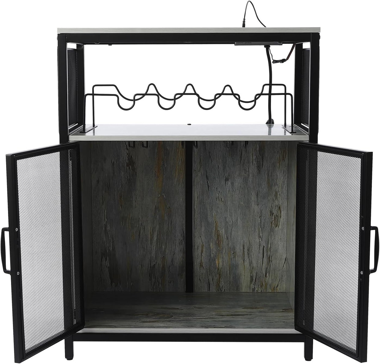 Industrial Bar Cabinet with RGB Lighting & Outlet | Wine Glass Rack - Kwikley