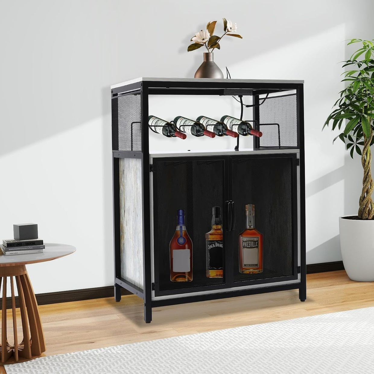 Industrial Bar Cabinet with Wine Rack & RGB Lights, Storage Sideboard Unit - Kwikley