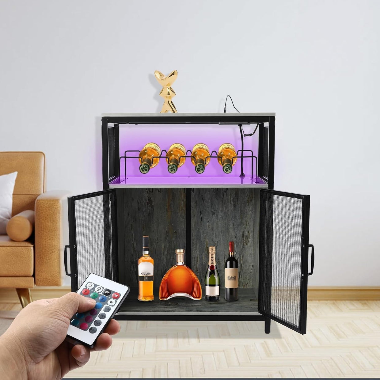 Industrial Bar Cabinet with Wine Rack & RGB Lights, Storage Sideboard Unit - Kwikley