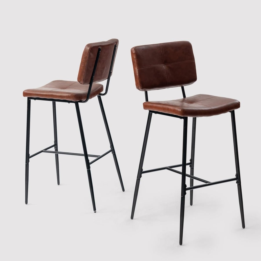 Industrial Bar Stools Set of 2 – Faux Leather Counter Chairs with Footrest - Kwikley